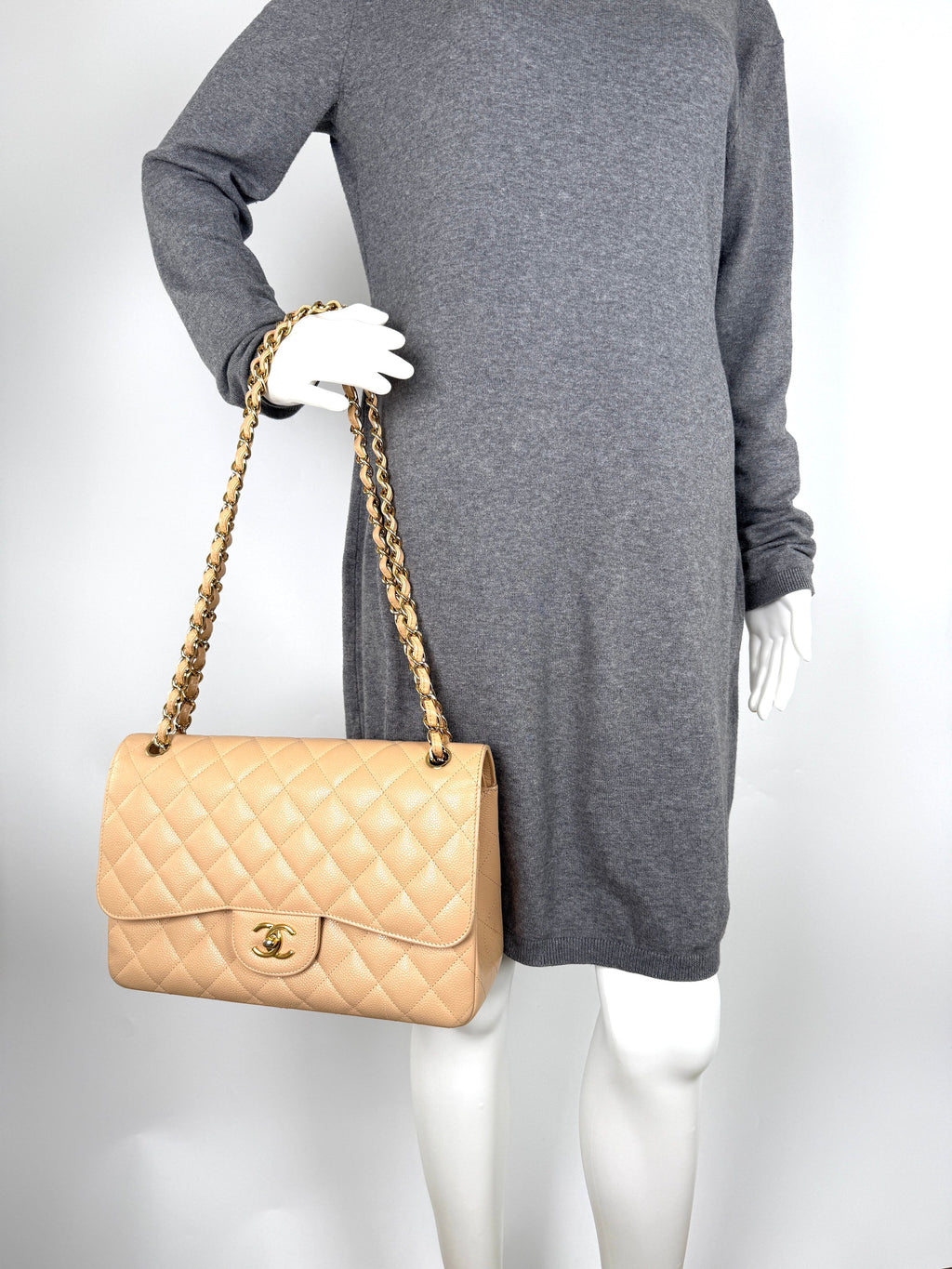 CHANEL Light Beige Caviar Jumbo Quilted Gold Hardware Classic Double Flap Bag