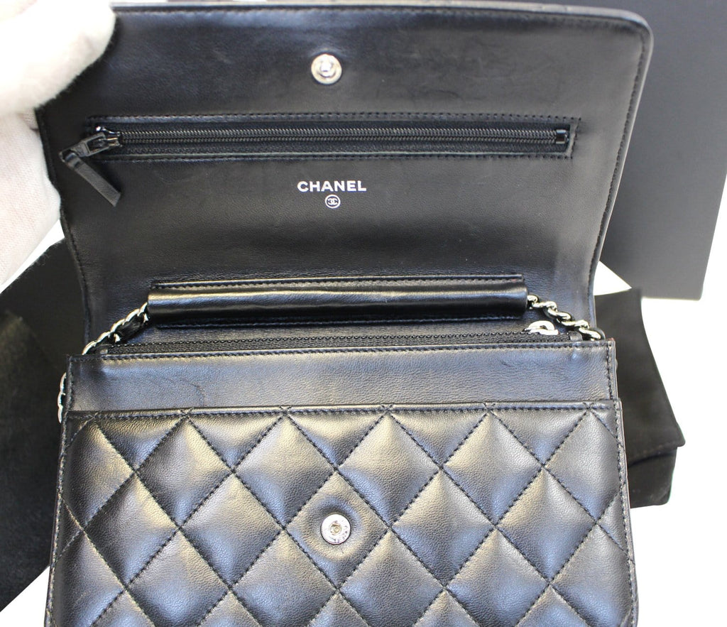 CHANEL Black LambSkin Wallet On Chain WOC Clutch Crossbody Bag