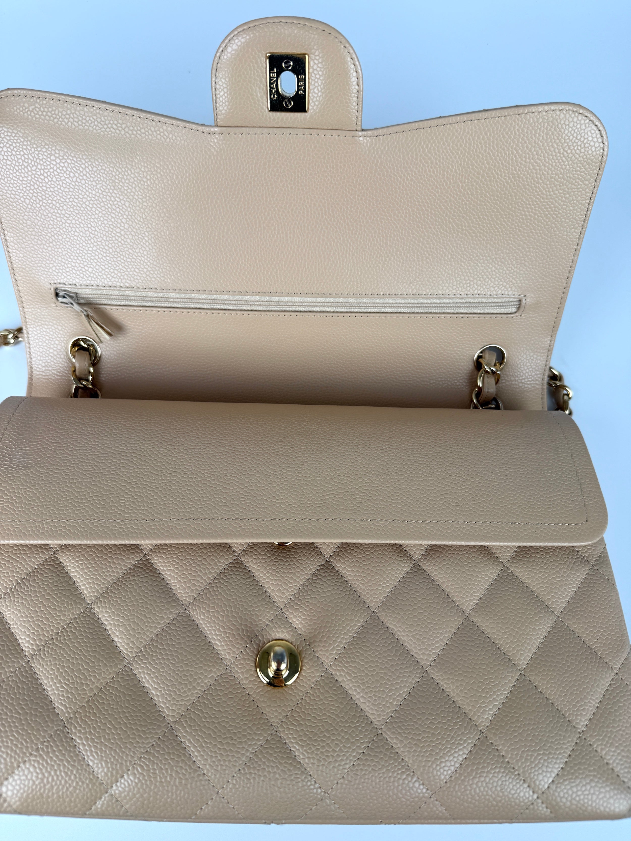CHANEL Light Beige Caviar Jumbo Quilted Gold Hardware Classic Double Flap Bag