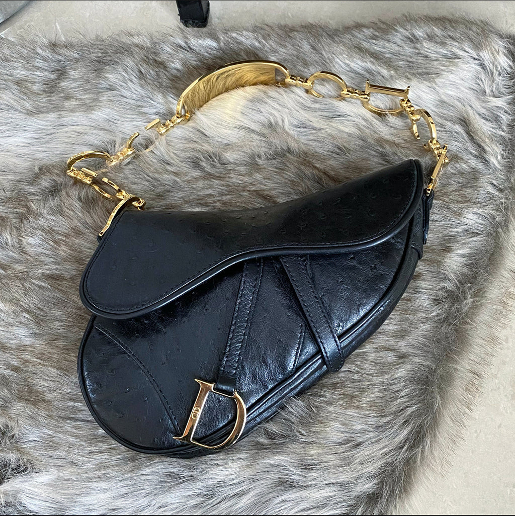 Christian Dior Vintage Galliano Black Ostrich Mini Saddle Bag