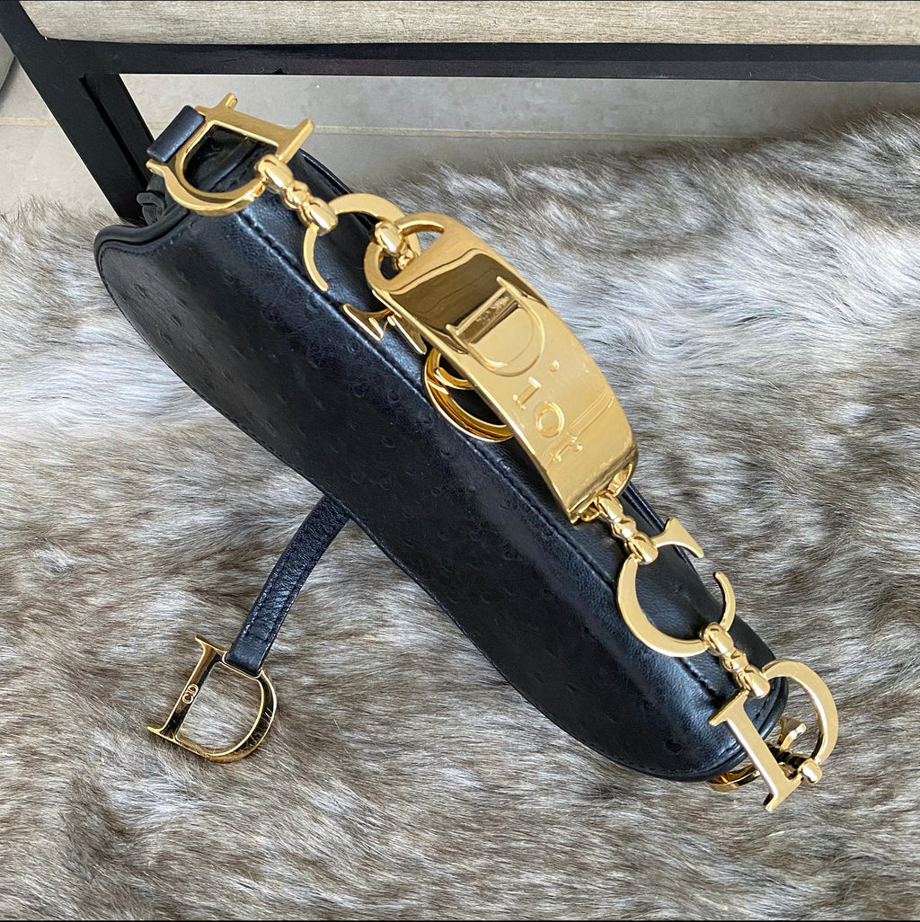 Christian Dior Vintage Galliano Black Ostrich Mini Saddle Bag