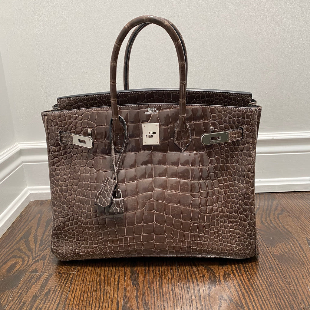 Hermes Birkin 35 Shiny Glazed Gris Elephant Alligator PHW