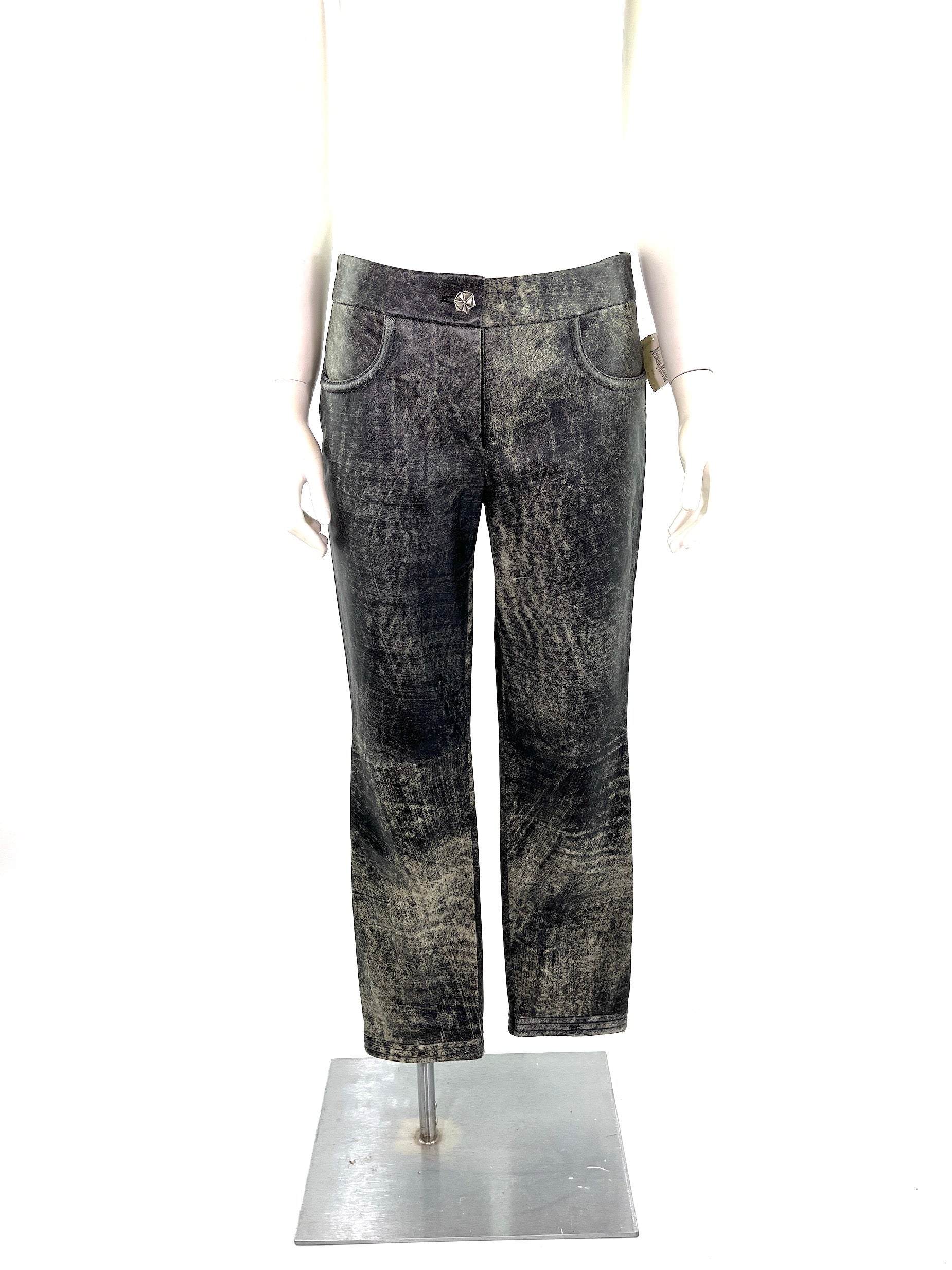 CHANEL Black Beige Leather Straight Leg Pants 36 4