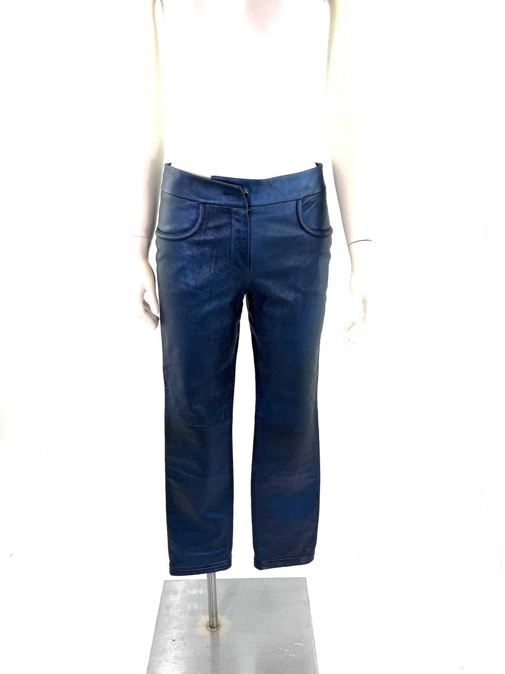 CHANEL Navy Blue Leather Straight Leg Pants 36 2