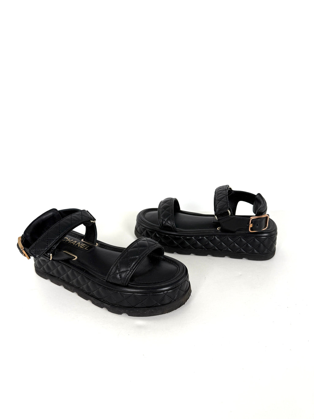 CHANEL Black Platform CC Logo Quilted Leather 2022 Sandals 37.5 7