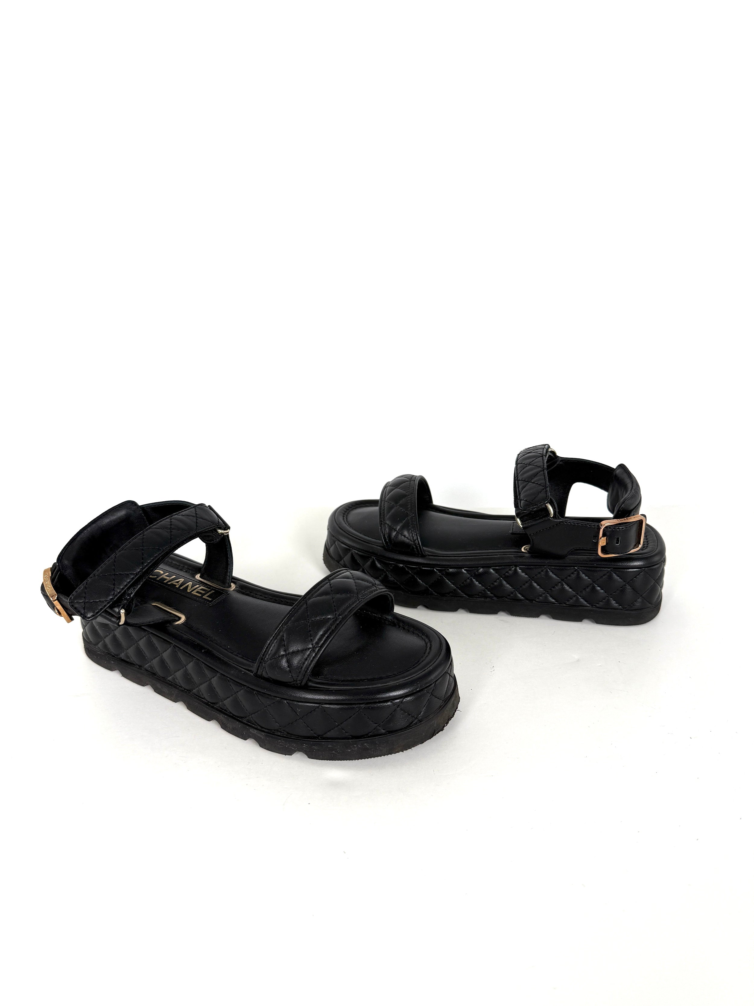 CHANEL Black Platform CC Logo Quilted Leather 2022 Sandals 37.5 7