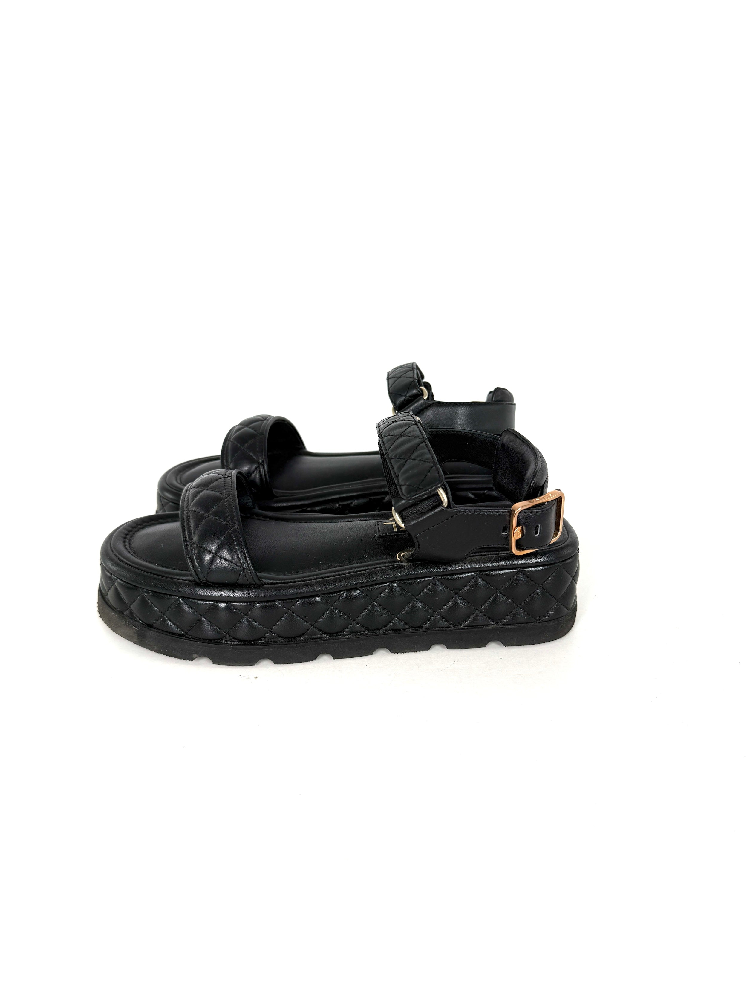 CHANEL Black Platform CC Logo Quilted Leather 2022 Sandals 37.5 7