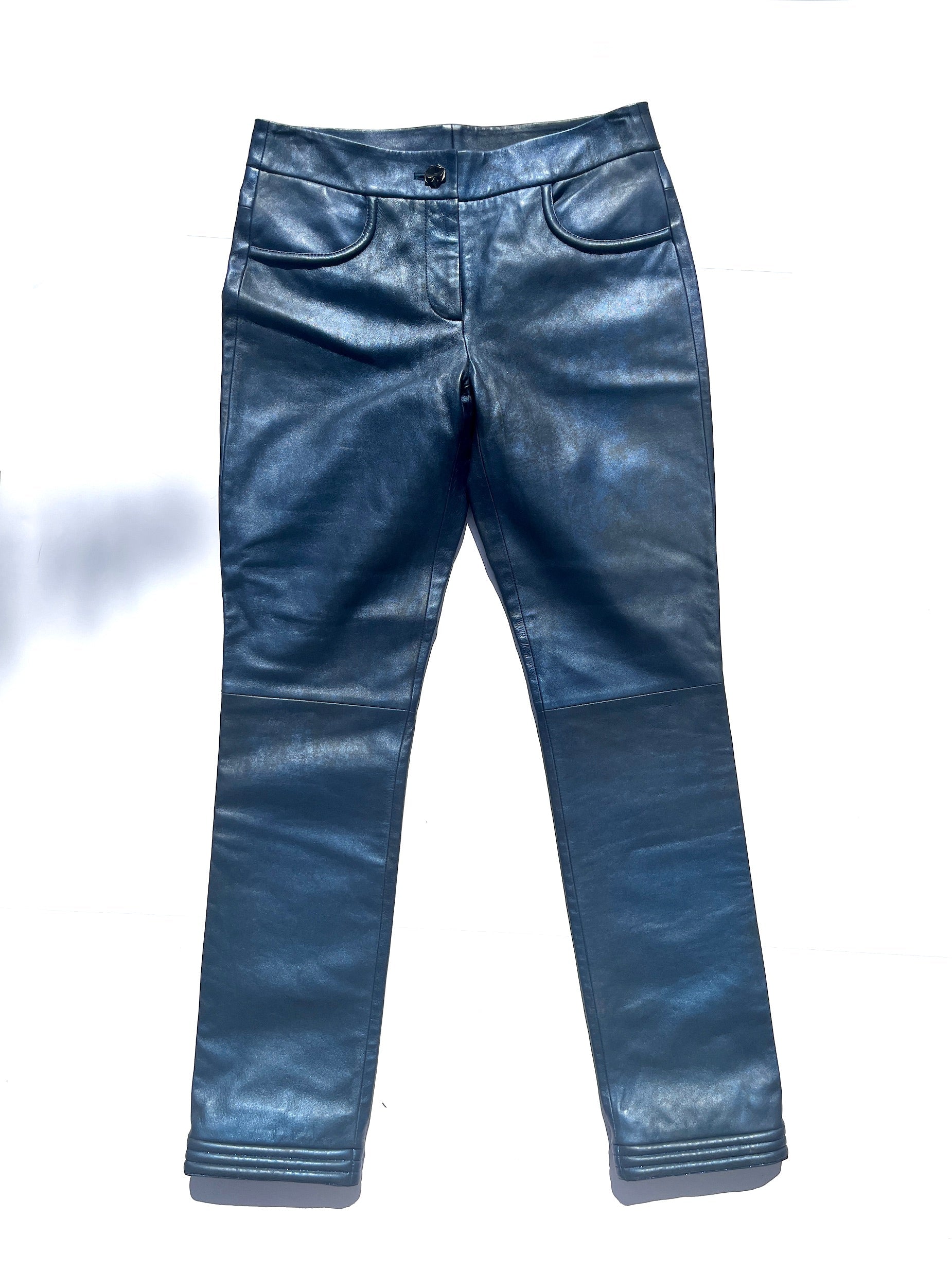 CHANEL Navy Blue Leather Straight Leg Pants 36 2