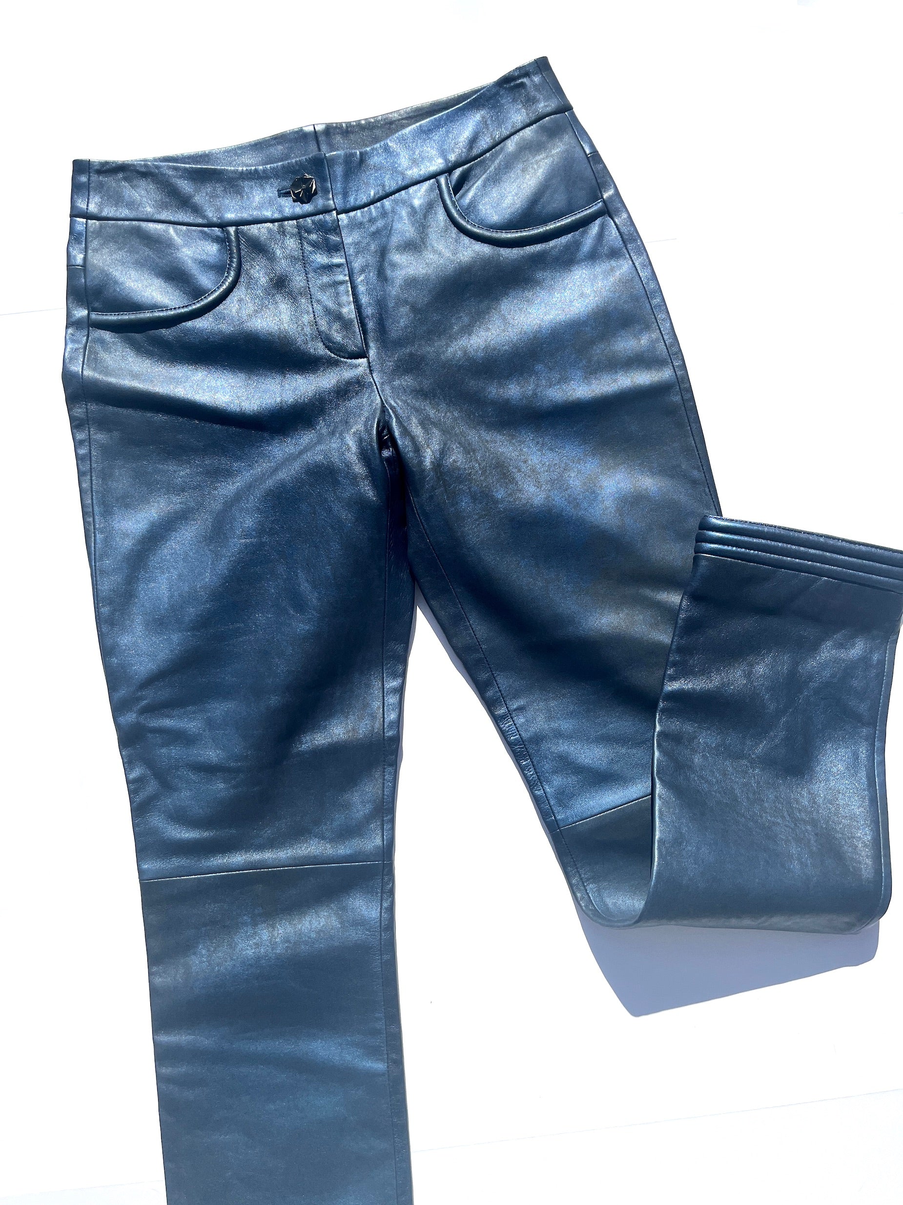 CHANEL Navy Blue Leather Straight Leg Pants 36 2