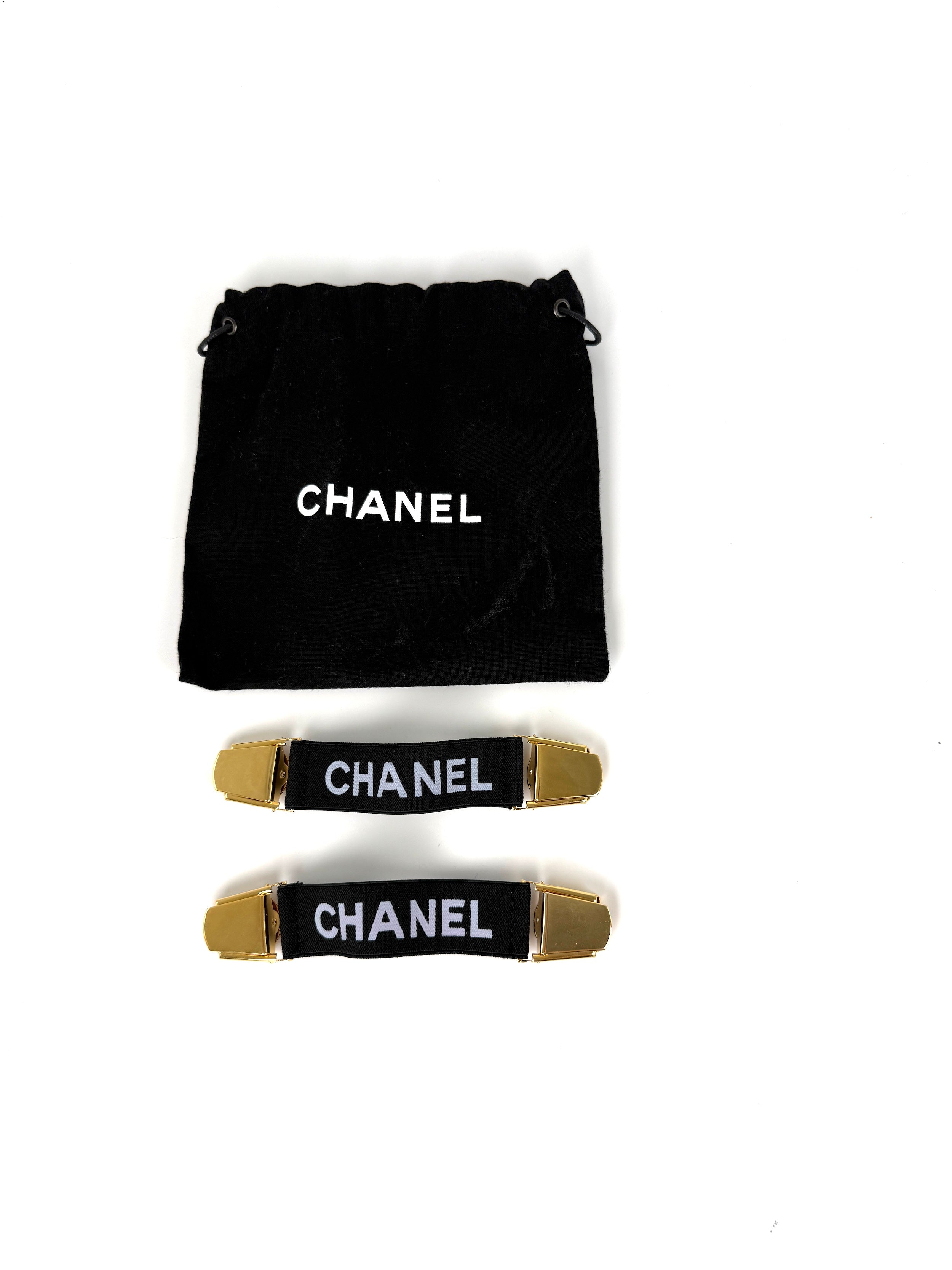 CHANEL 2 Logo Sweater Sleeve Garters Suspenders Elastic Black Gold Tone Clip