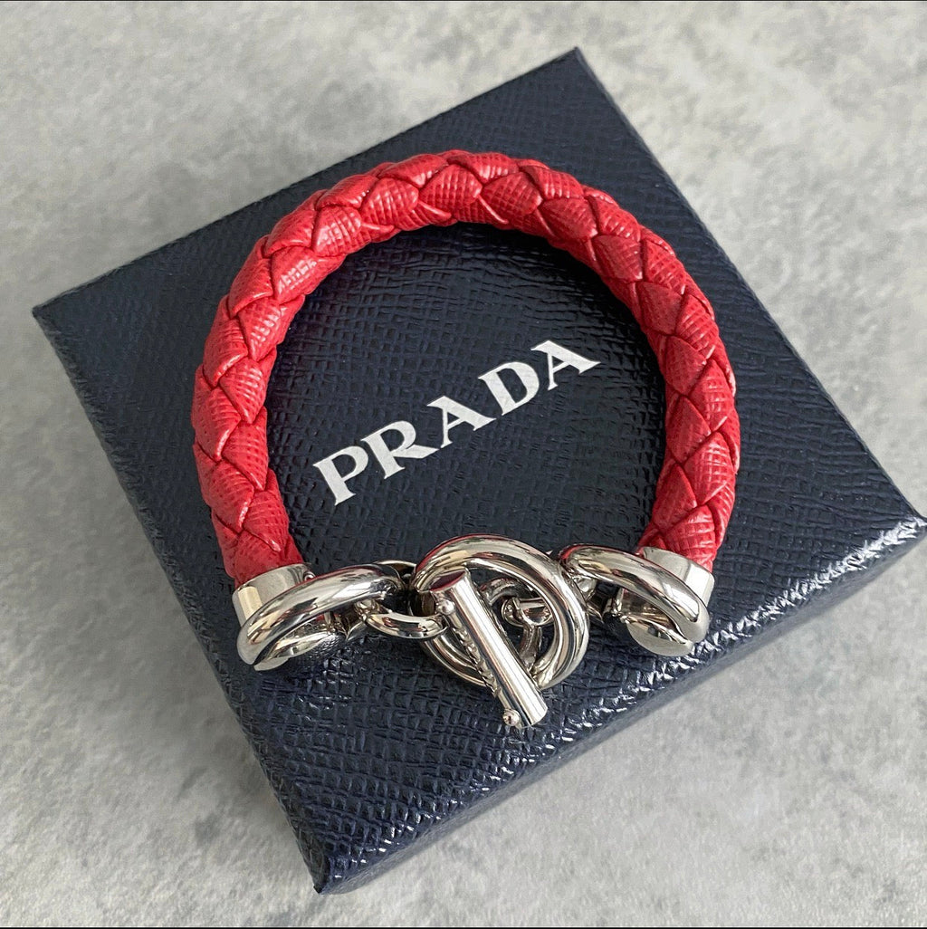 Prada Red Saffiano Leather Braided Toggle Bracelet