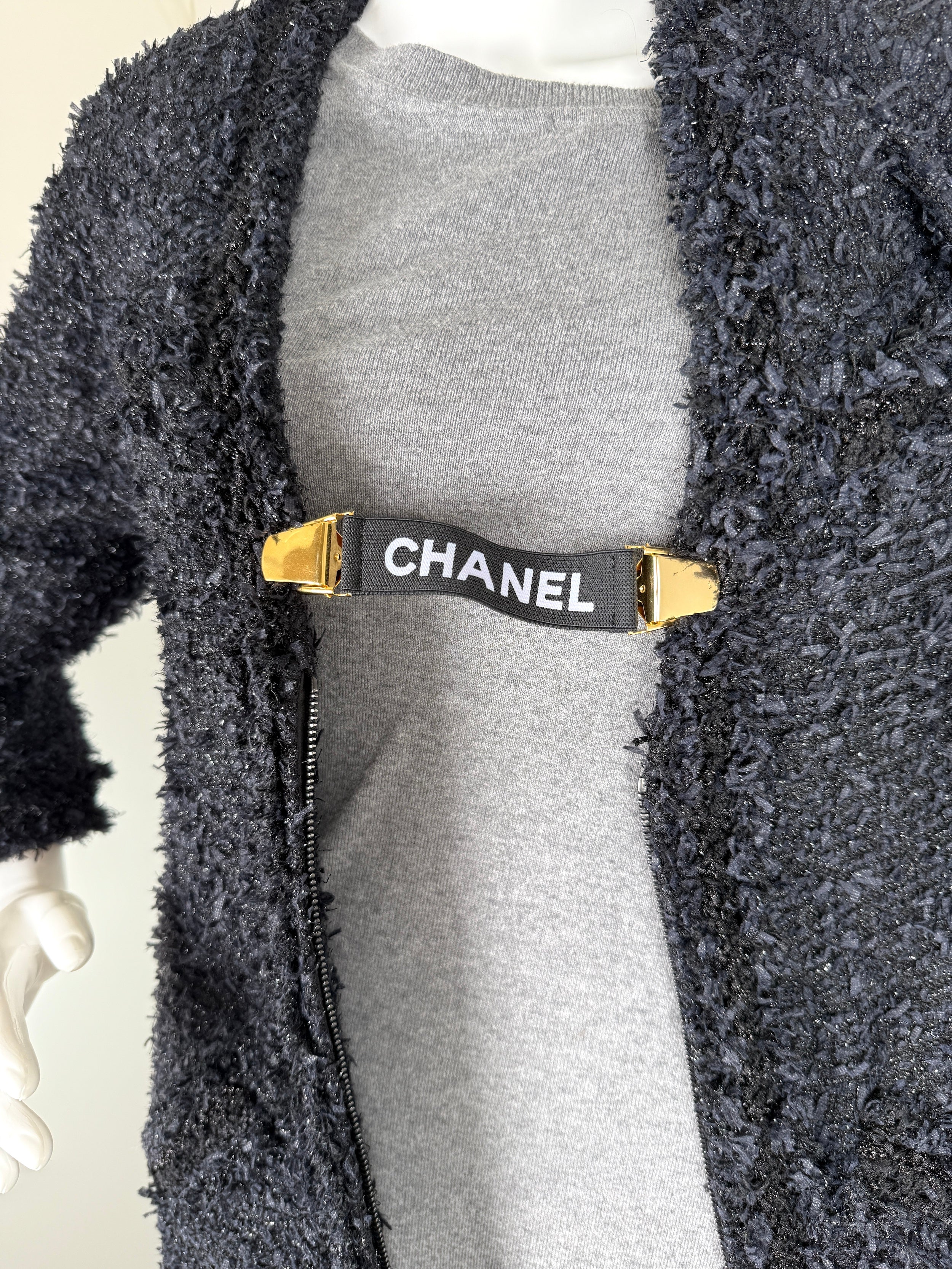 CHANEL 2 Logo Sweater Sleeve Garters Suspenders Elastic Black Gold Tone Clip