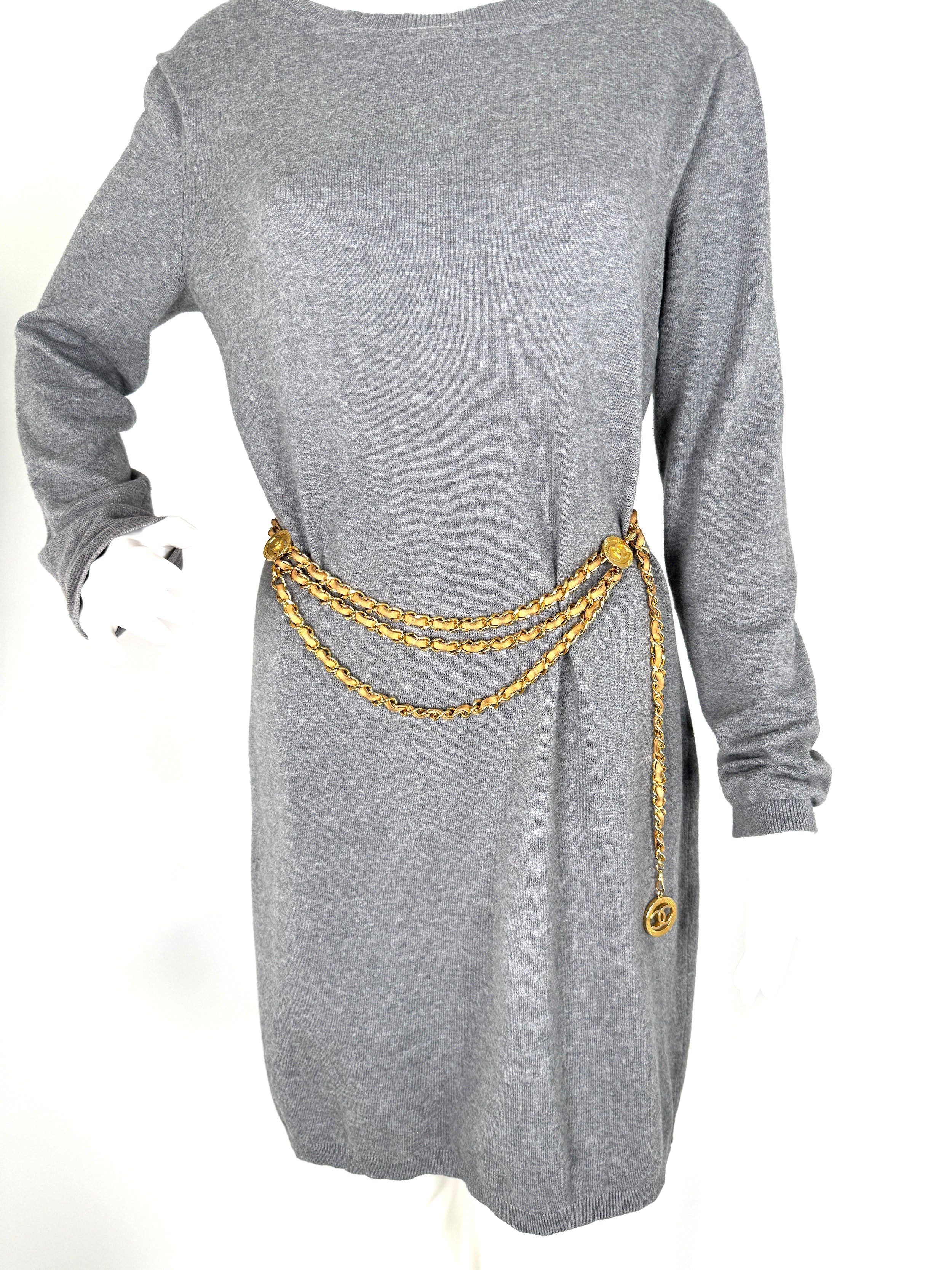 Vintage CHANEL Gold Chain Link Beige Leather 1984 CC Belt