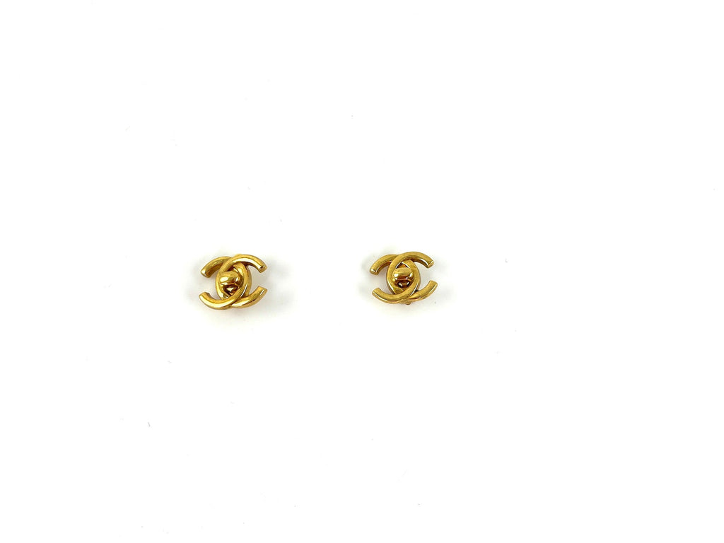 Vintage CHANEL Gold Plated 1996 Turnlock CC Stud Clip on Earrings