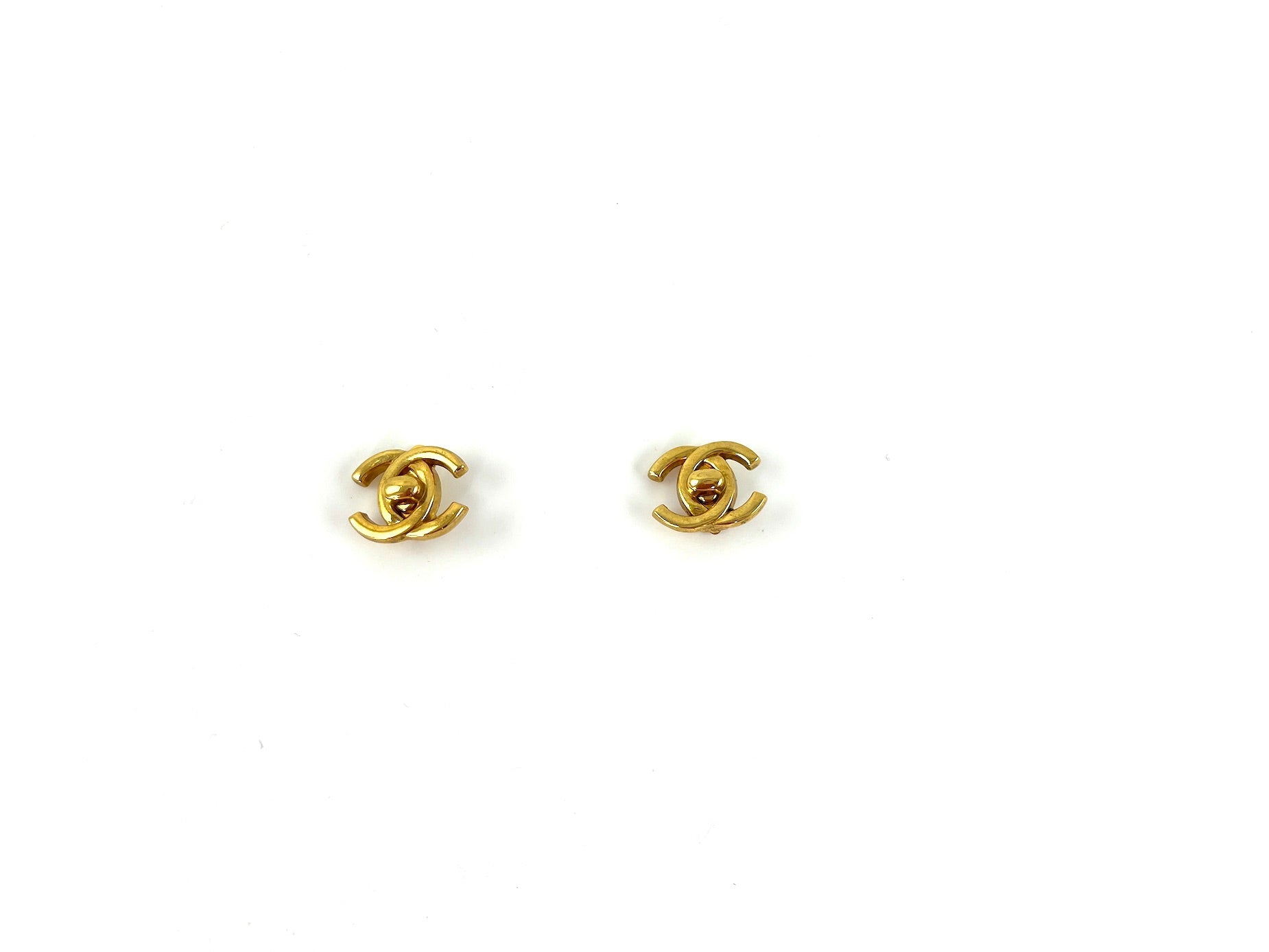 Vintage CHANEL Gold Plated 1996 Turnlock CC Stud Clip on Earrings