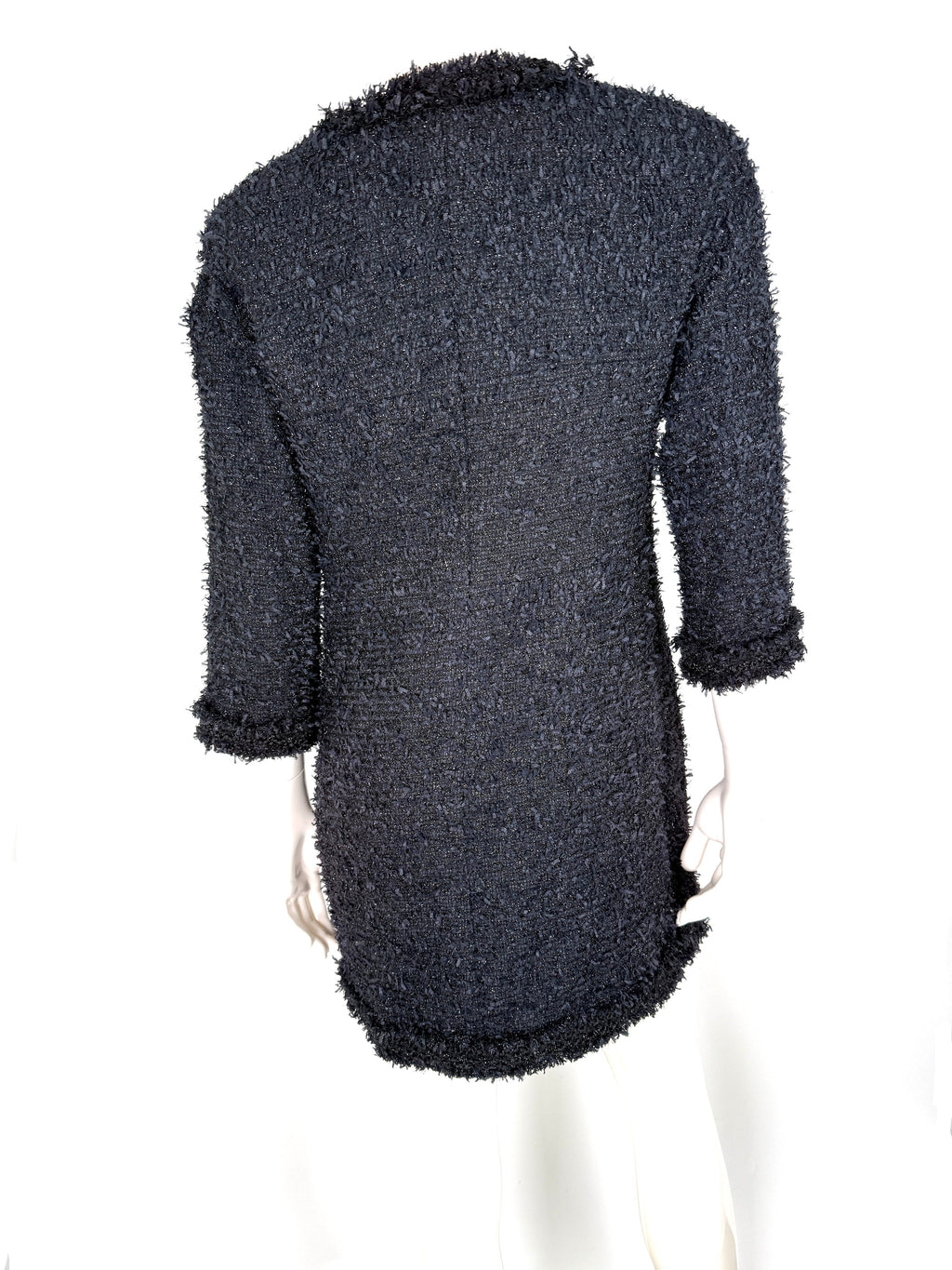 CHANEL Black Sparkly Tweed Zip 3/4 Sleeve V Neck Long Coat Jacket 40 6