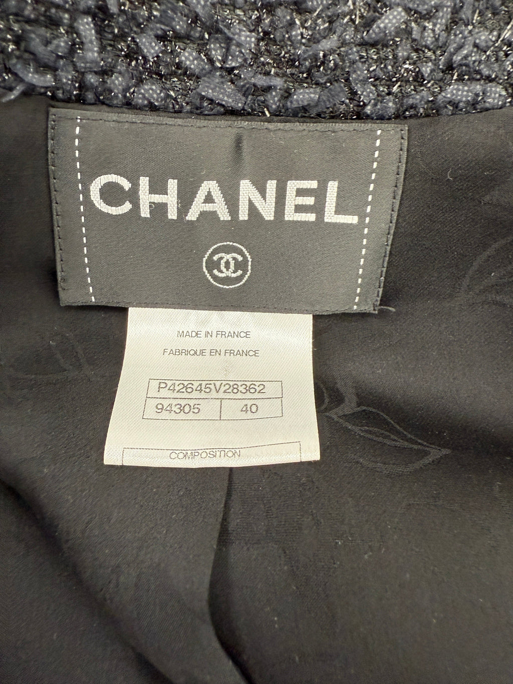 CHANEL Black Sparkly Tweed Zip 3/4 Sleeve V Neck Long Coat Jacket 40 6