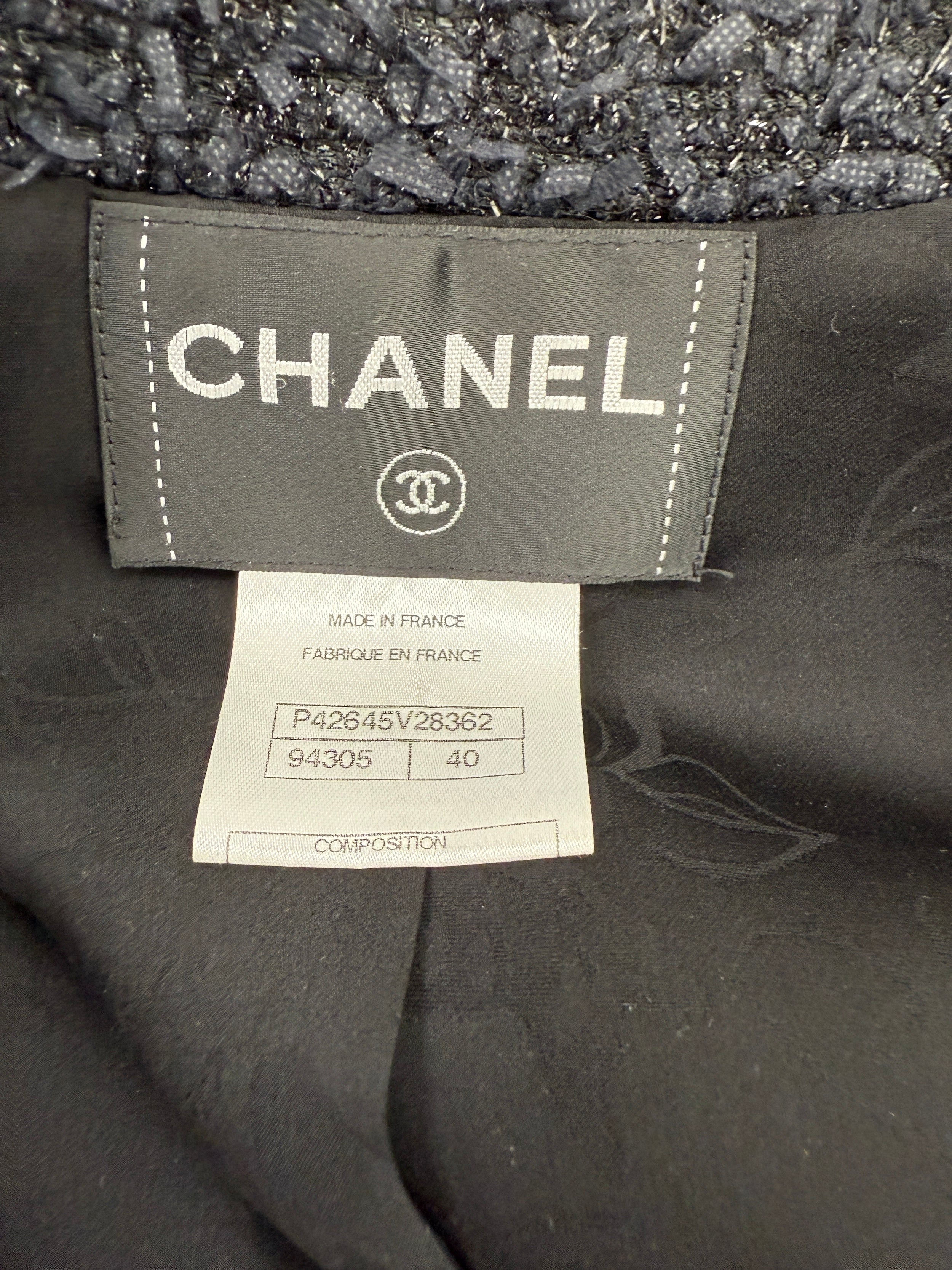 CHANEL Black Sparkly Tweed Zip 3/4 Sleeve V Neck Long Coat Jacket 40 6
