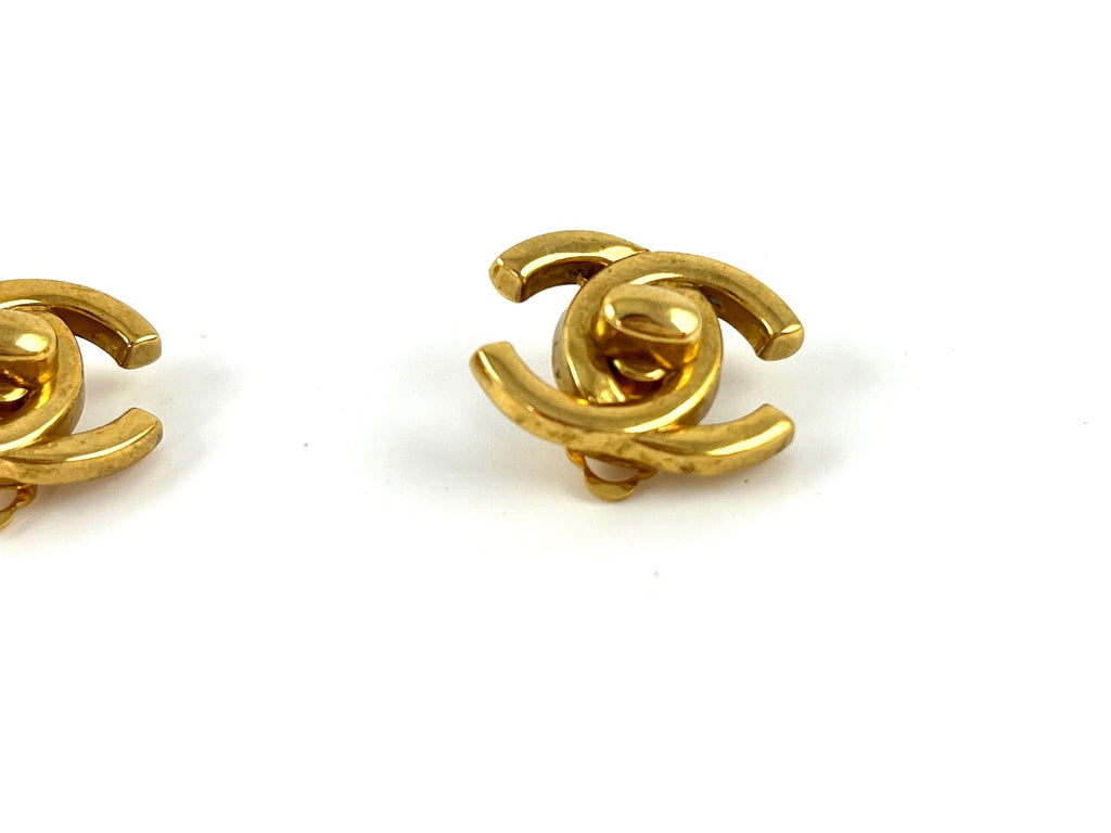 Vintage CHANEL Gold Plated 1996 Turnlock CC Stud Clip on Earrings