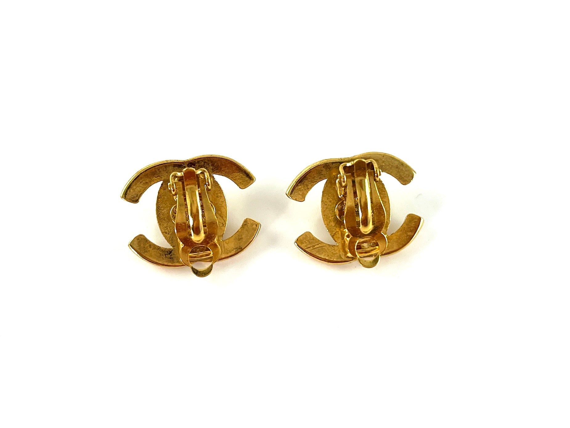 Vintage CHANEL Gold Plated 1996 Turnlock CC Stud Clip on Earrings