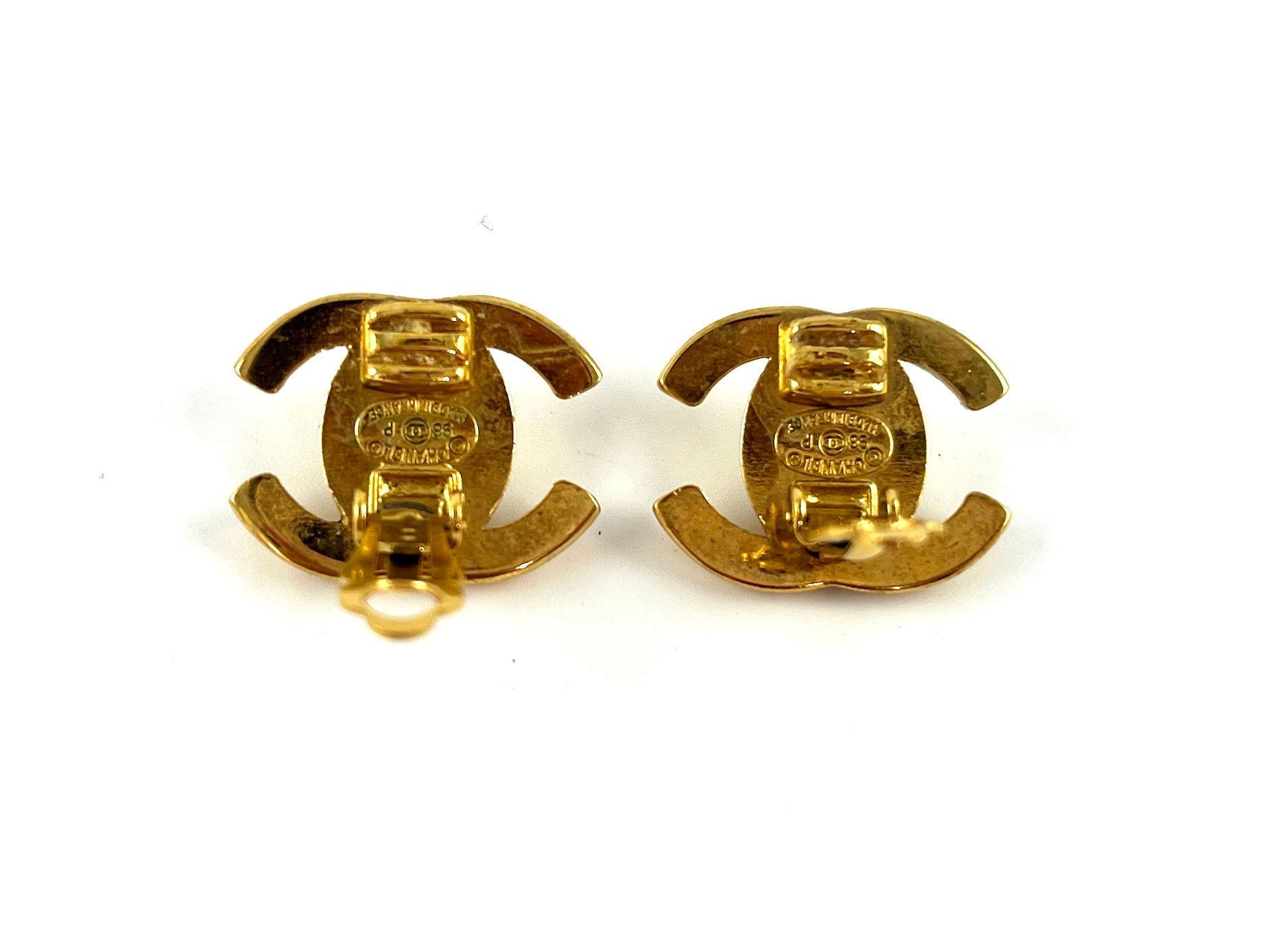 Vintage CHANEL Gold Plated 1996 Turnlock CC Stud Clip on Earrings