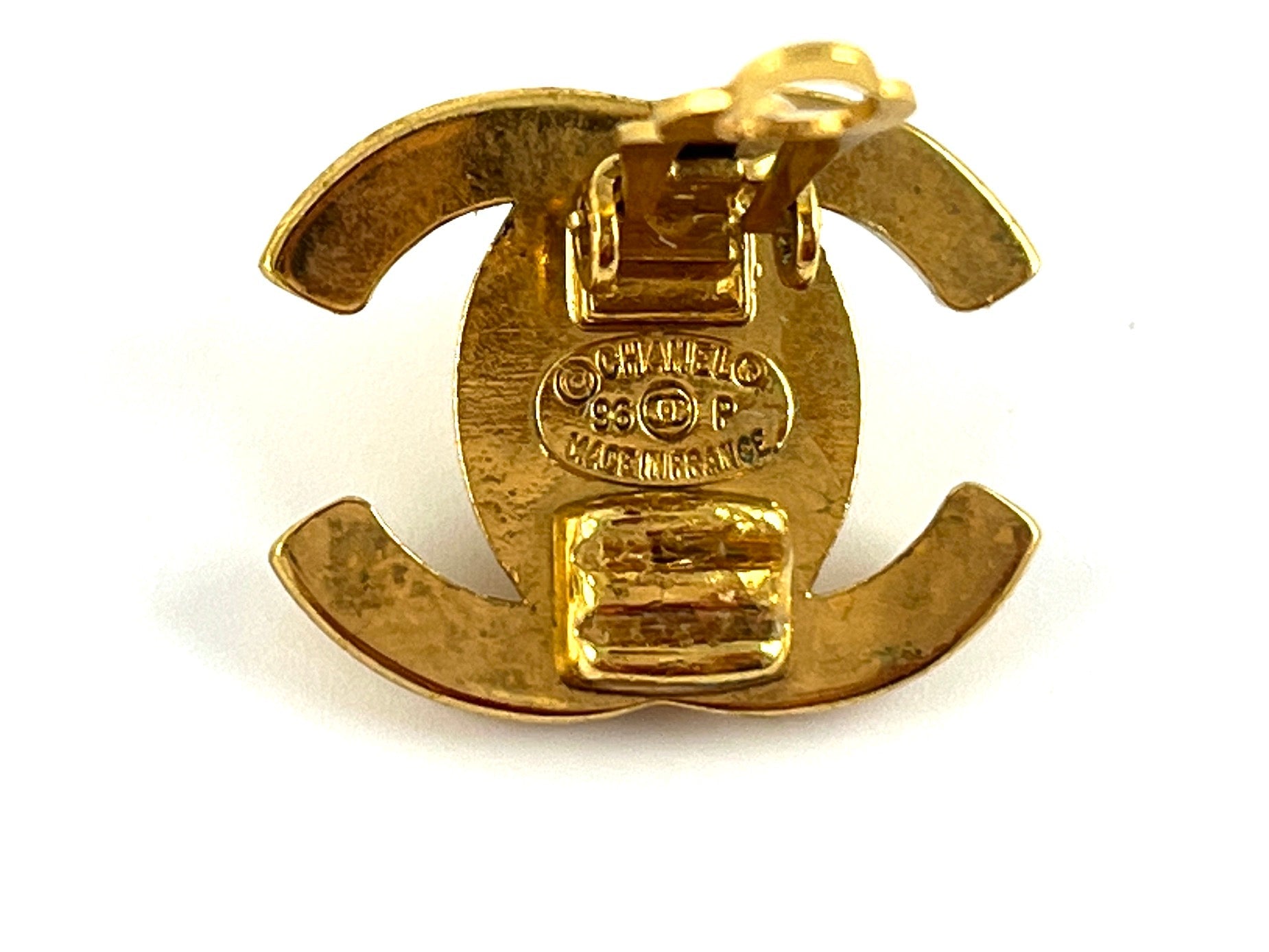 Vintage CHANEL Gold Plated 1996 Turnlock CC Stud Clip on Earrings