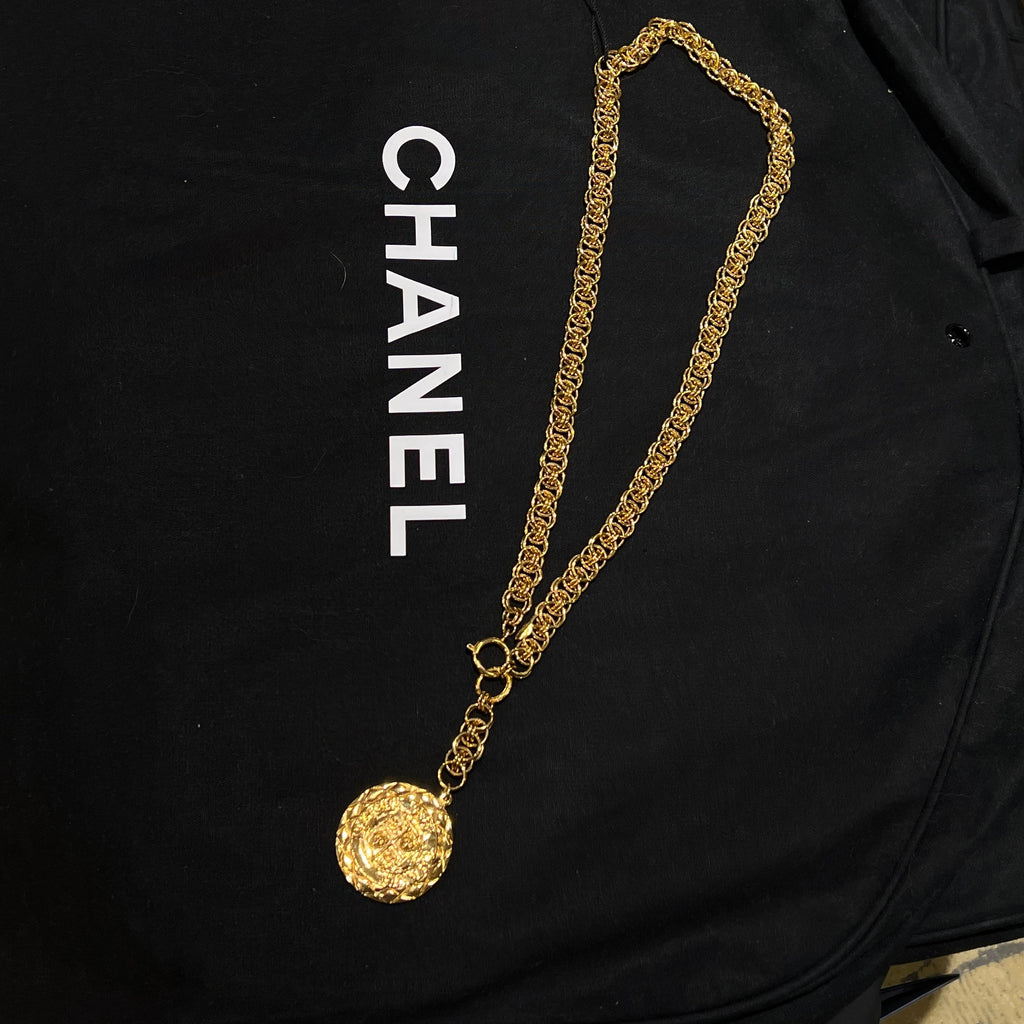 Chanel Coco mark Lion Metrasse Coin Medallion Long chain Necklace Year 1980S