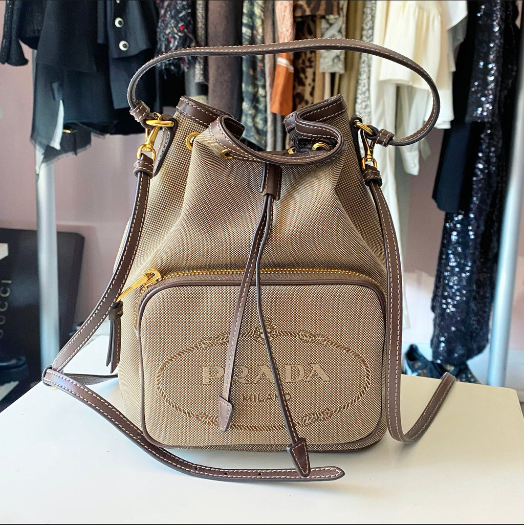 Prada Small Brown Logo Jacquard Two-way Bucket Bag