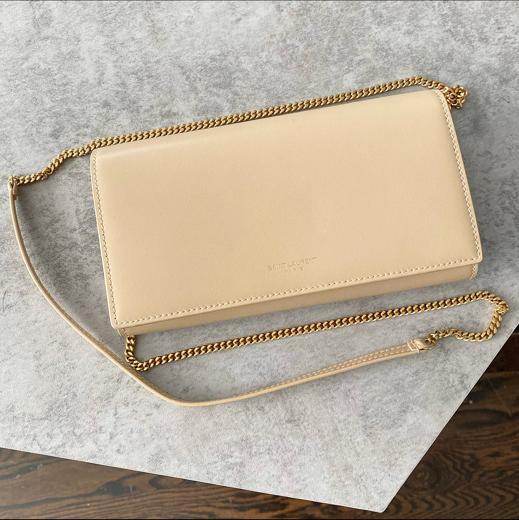 Saint Laurent Beige Smooth Leather Wallet on Chain