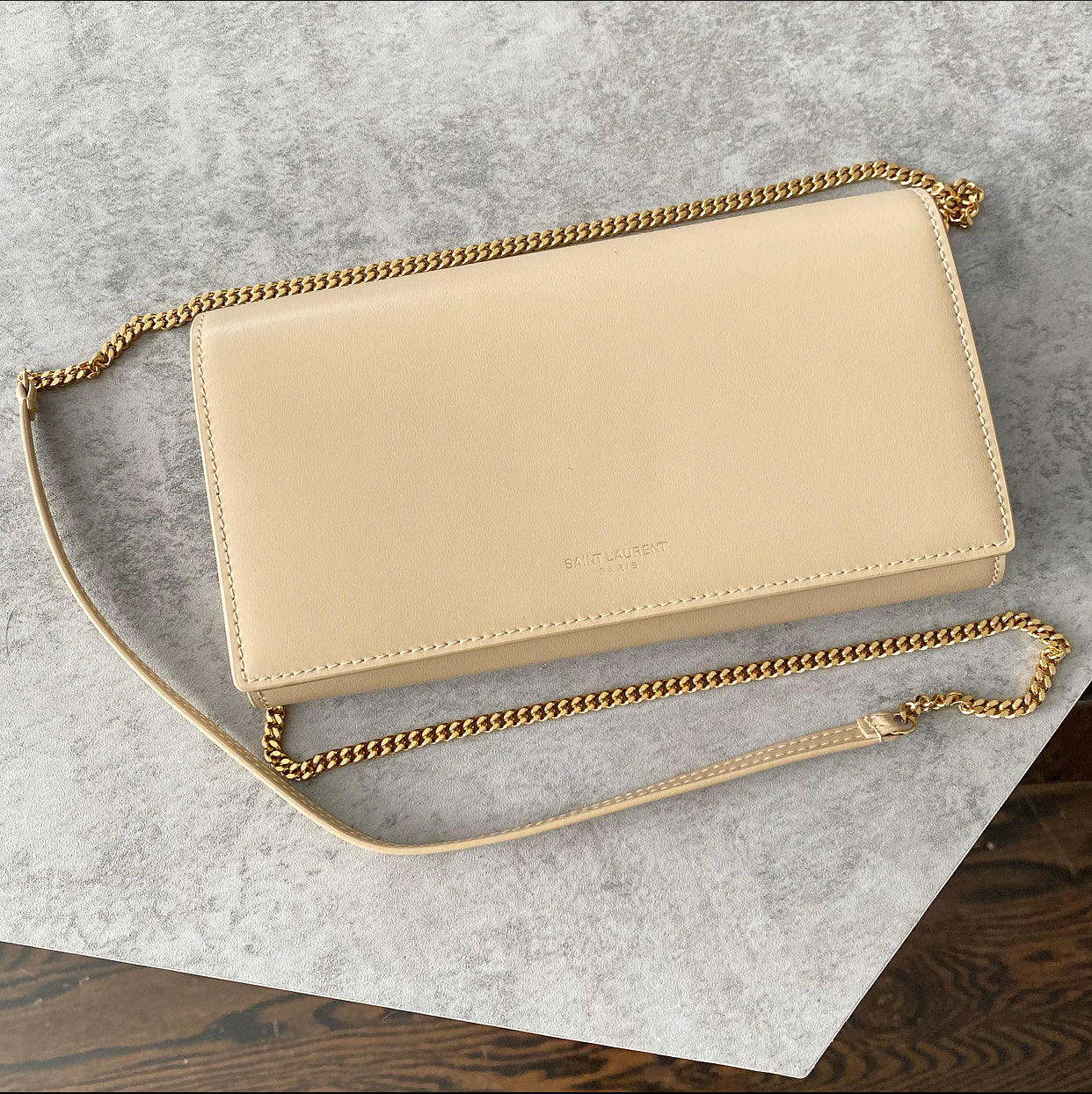 Saint Laurent Beige Smooth Leather Wallet on Chain