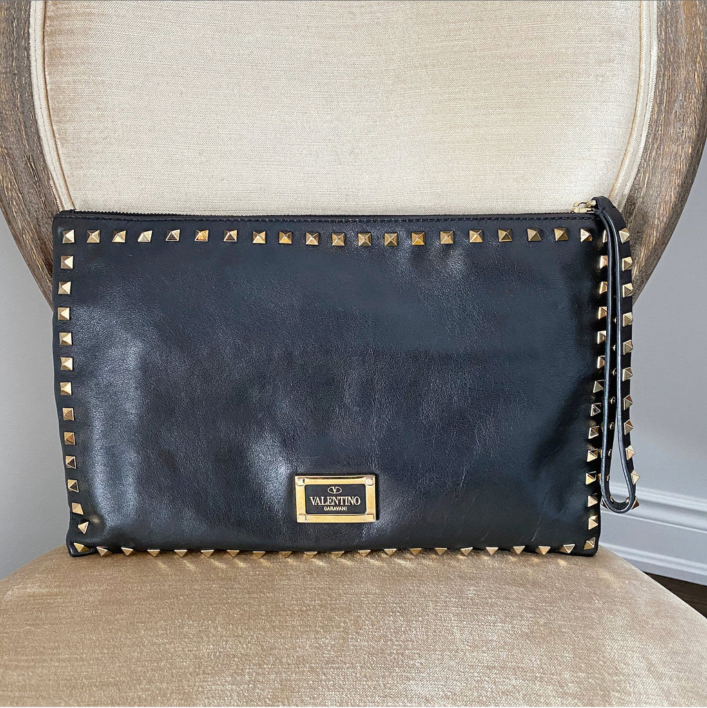 Valentino Black Leather Rock Stud Large Clutch Bag