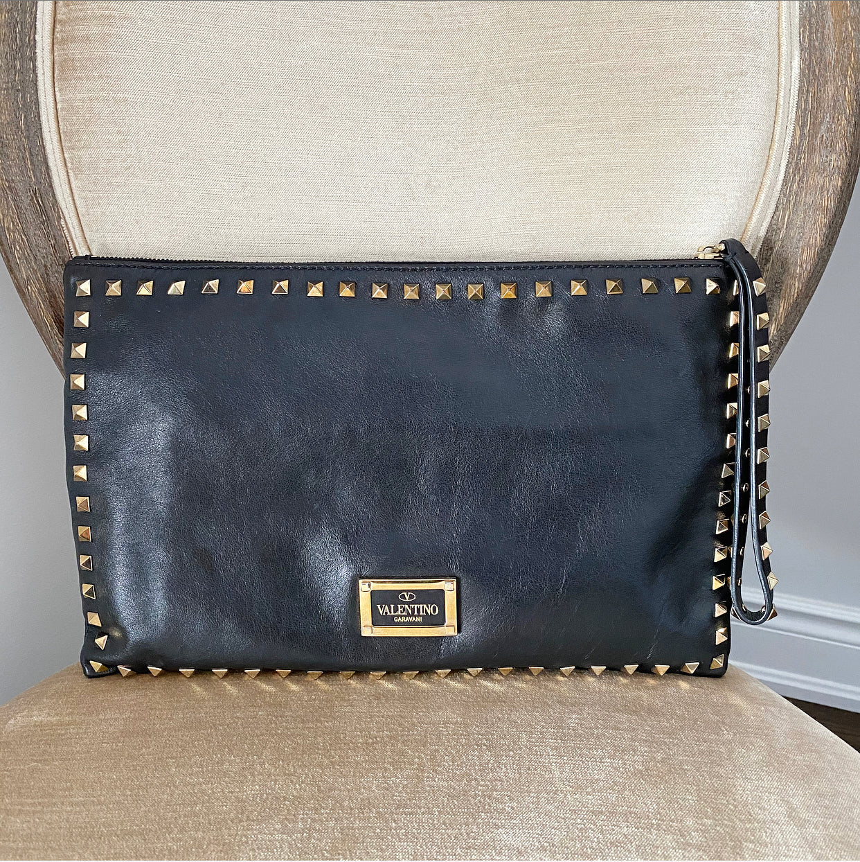 Valentino Black Leather Rock Stud Large Clutch Bag