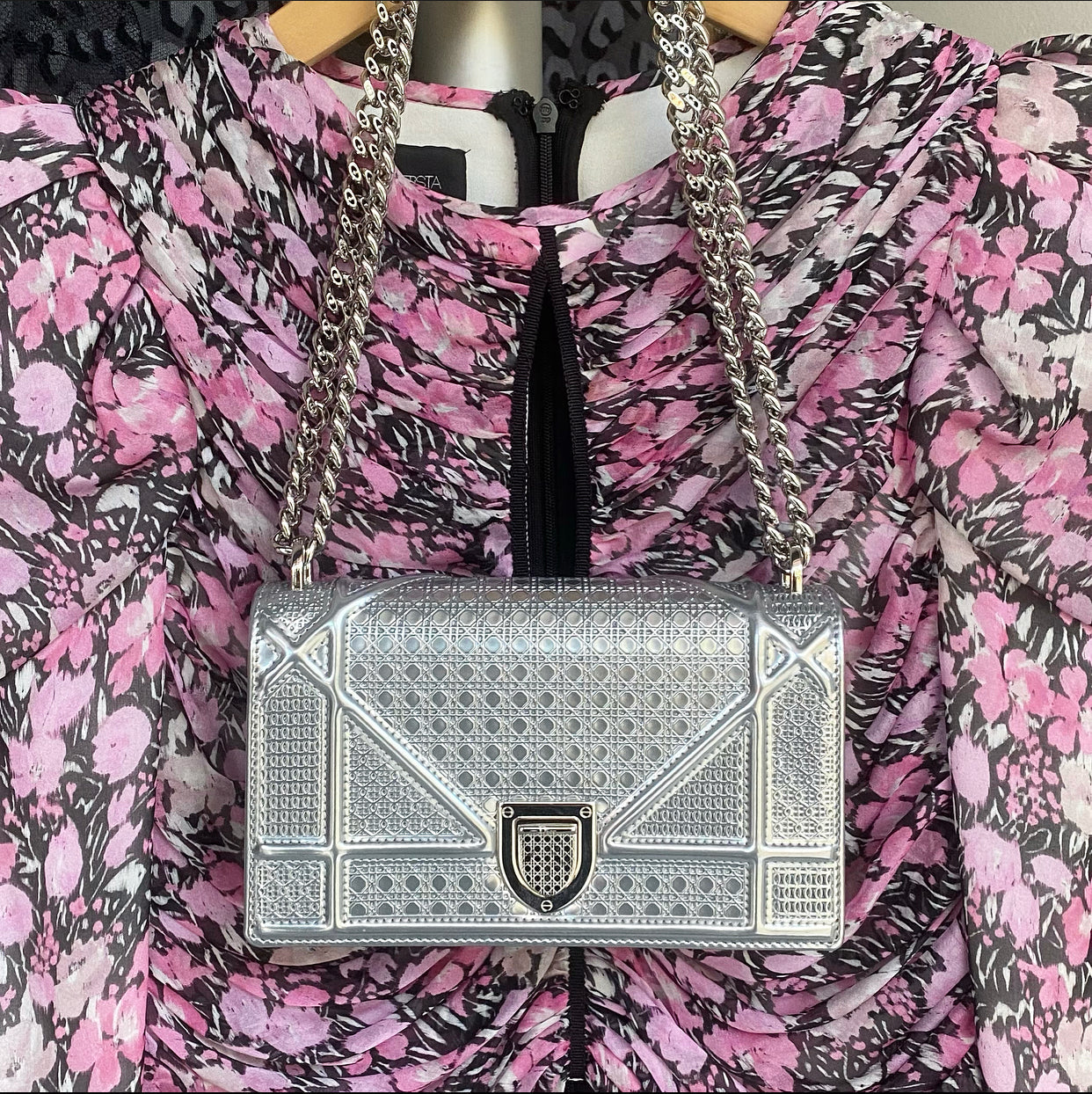 Christian Dior Silver Micro-Cannage Mini Diorama Bag