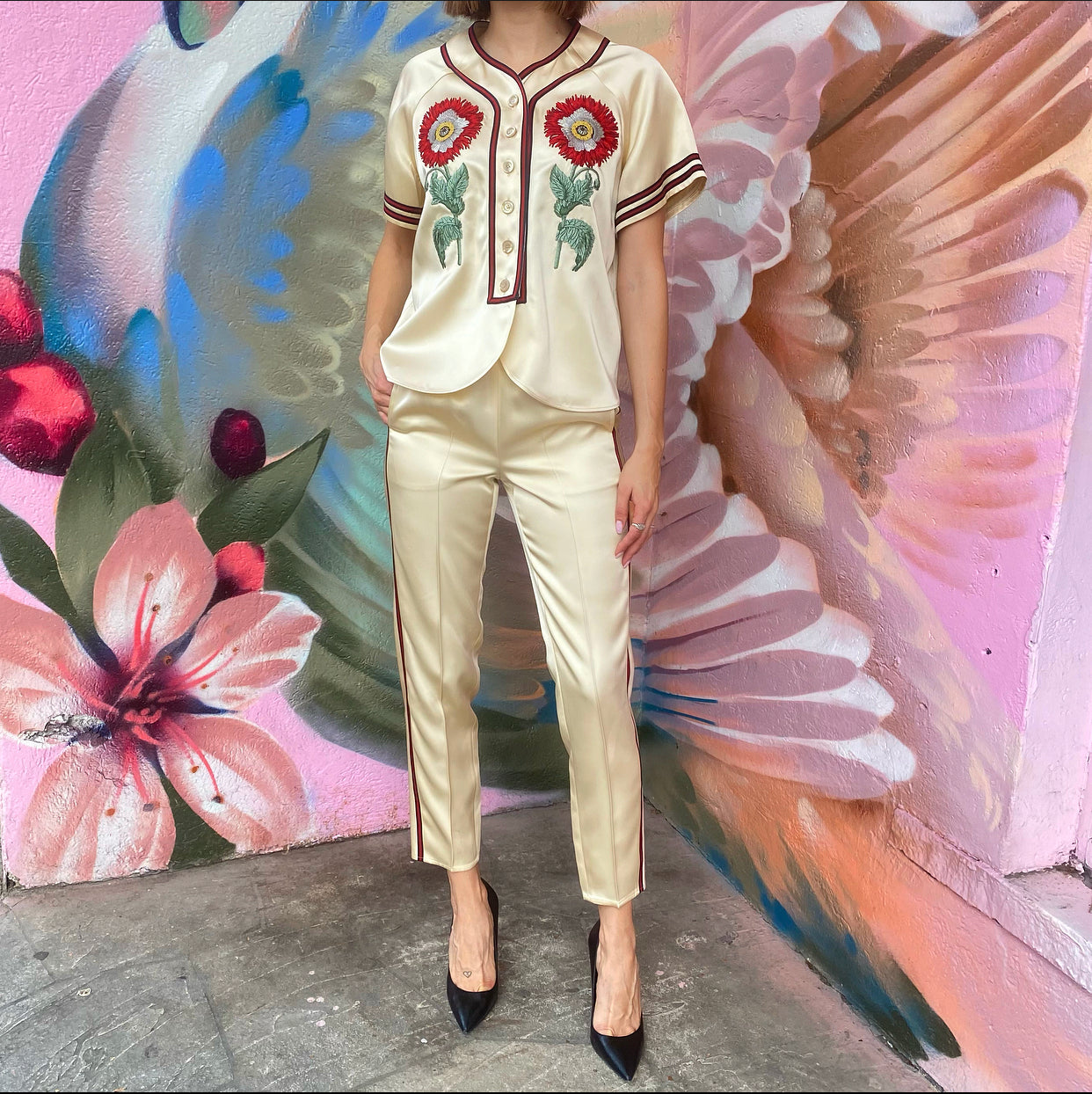 Gucci Ivory Satin Loved Baseball Jersey Pants Suit - XS /0/ 2