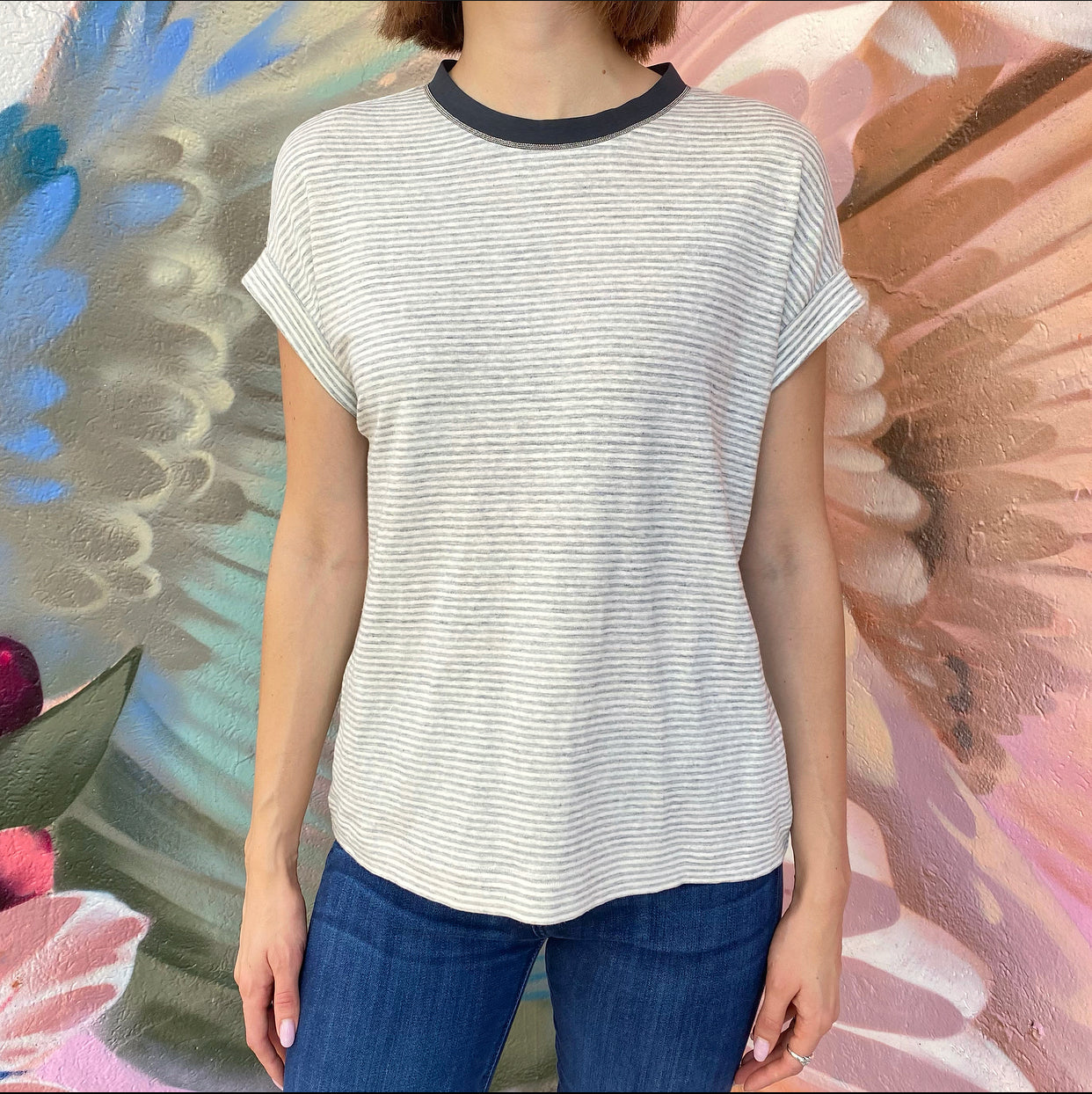Brunello Cucinelli Linen Striped Tee with Monili Neckline - S