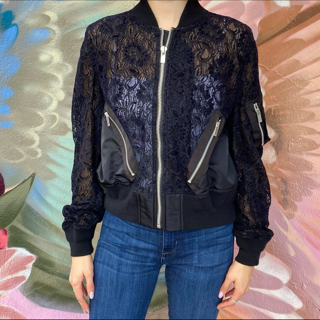 Sacai Black Lace and Nylon Bomber Jacket - M