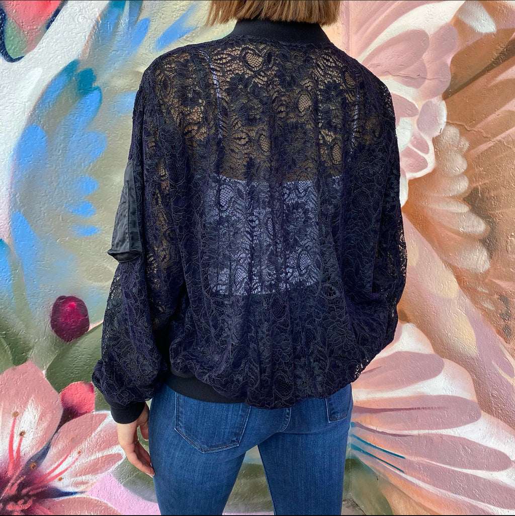 Sacai Black Lace and Nylon Bomber Jacket - M