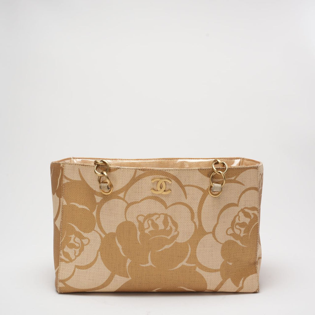 Chanel Raffia Camellia Small Tote Bag Beige