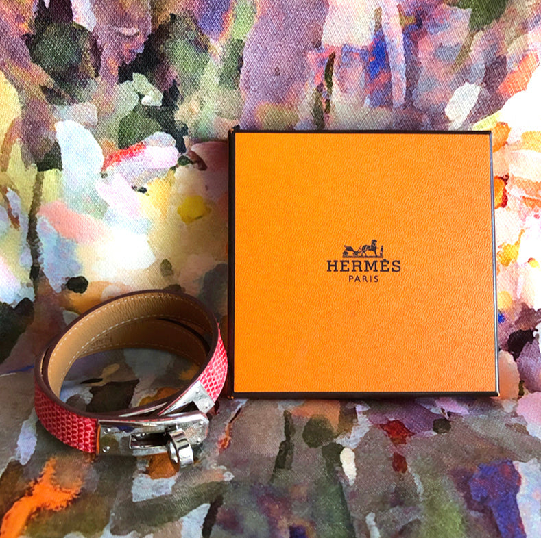 Hermes Kelly Double Tour Bougainvillea Lizard Wrap Bracelet