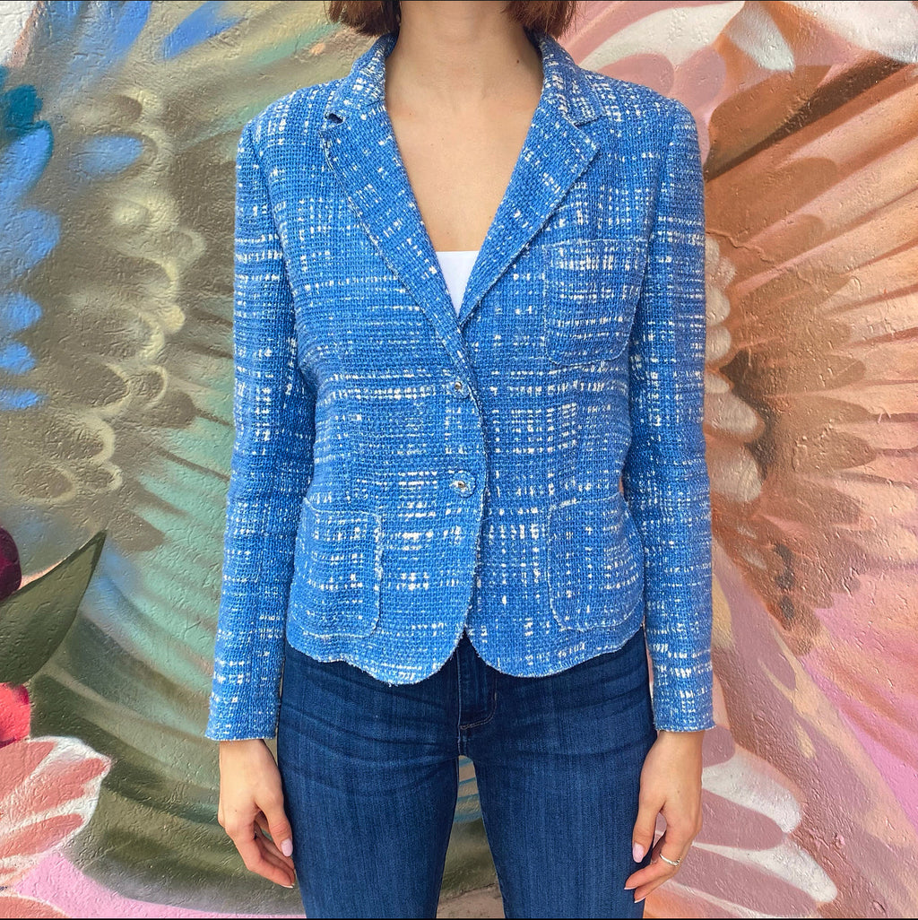 Prada Blue and White Tweed Linen Blend Jacket - IT42 / 6