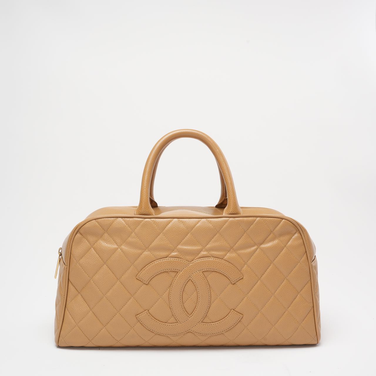Chanel Vintage Bowler Handbag Beige Caviar Leather