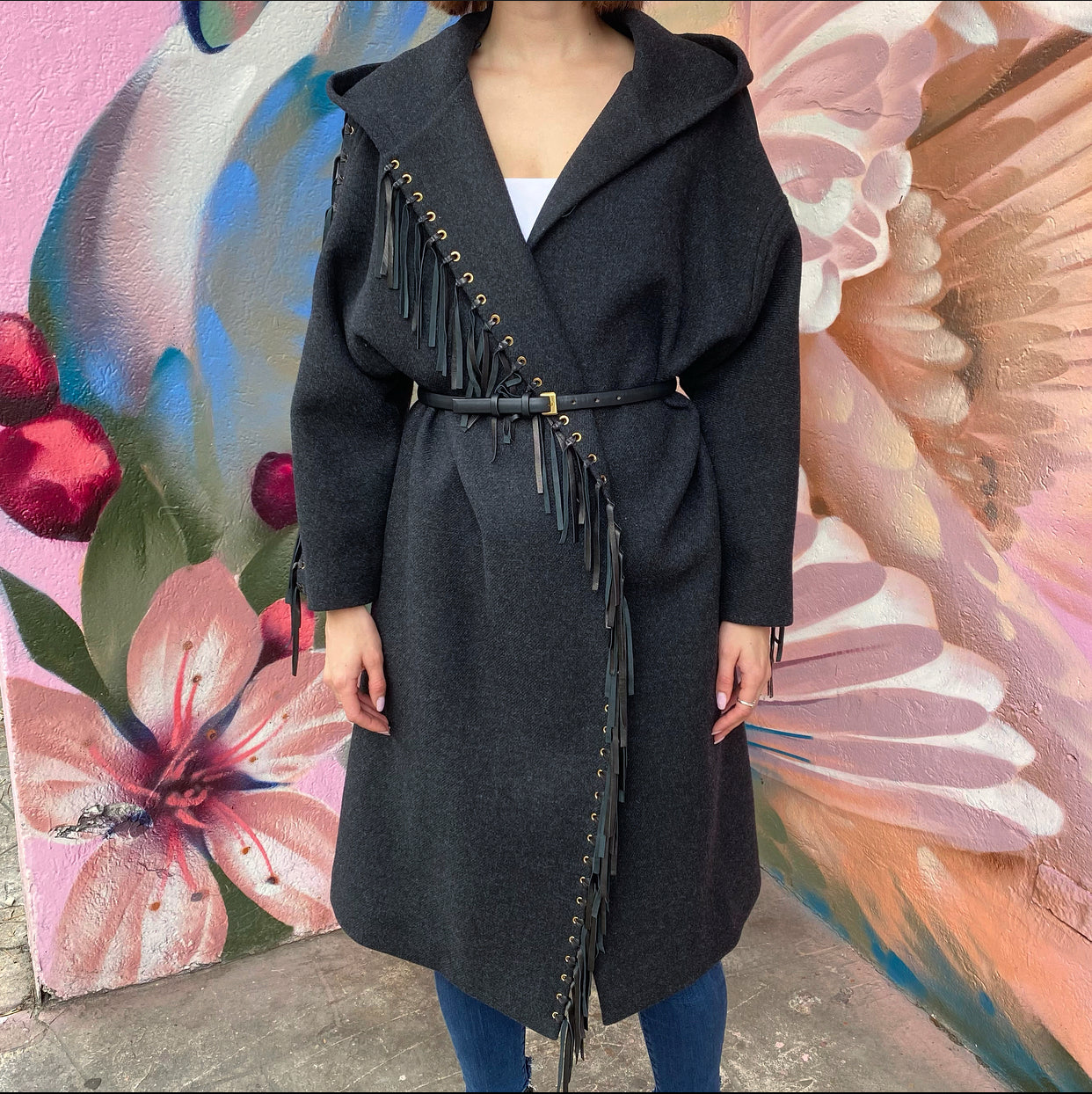 Chloe Charcoal Grey Wool Belted Coat with Leather Fringe - FR38 / S/M