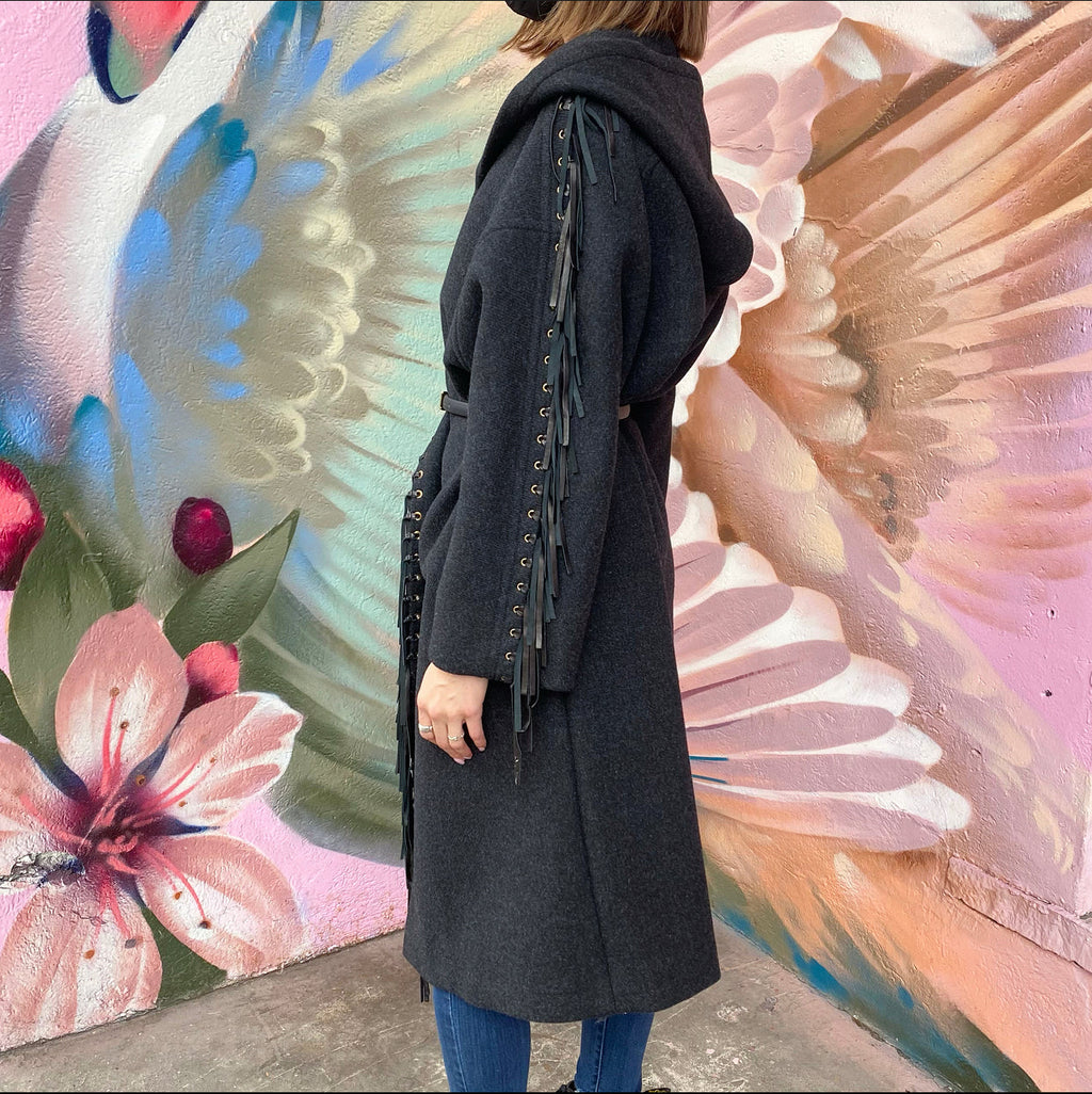 Chloe Charcoal Grey Wool Belted Coat with Leather Fringe - FR38 / S/M