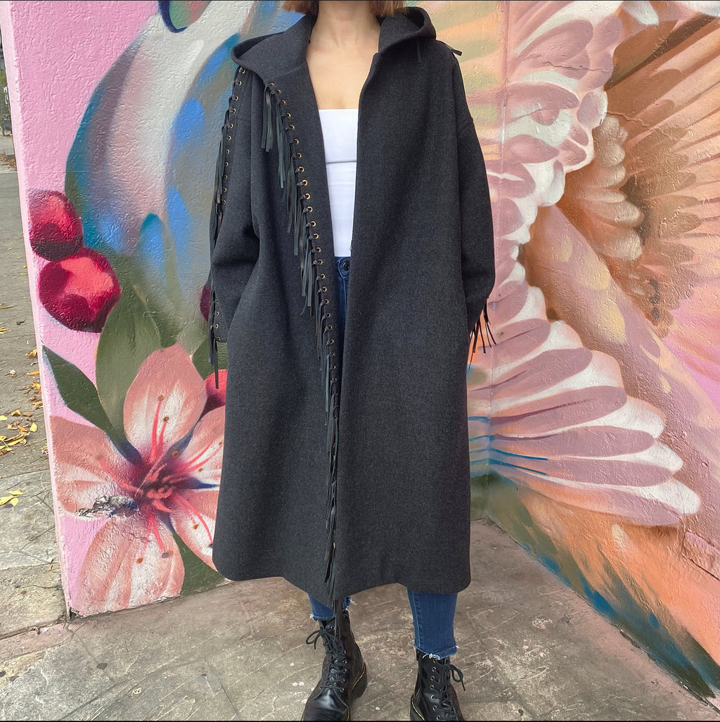 Chloe Charcoal Grey Wool Belted Coat with Leather Fringe - FR38 / S/M