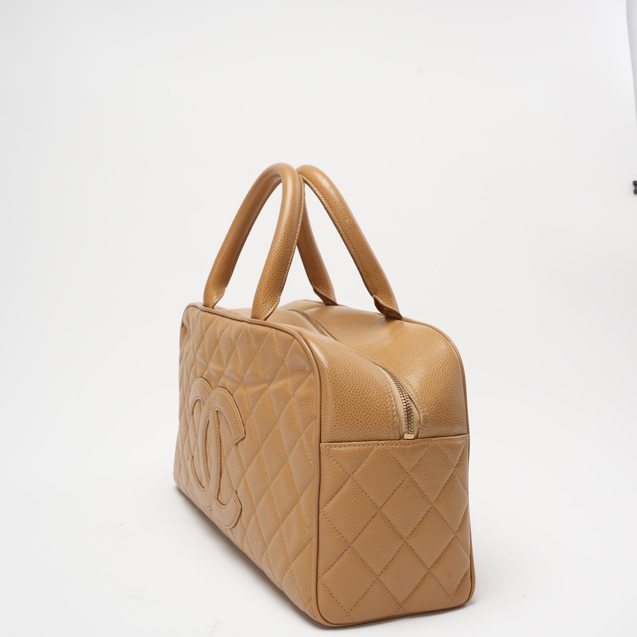 Chanel Vintage Bowler Handbag Beige Caviar Leather