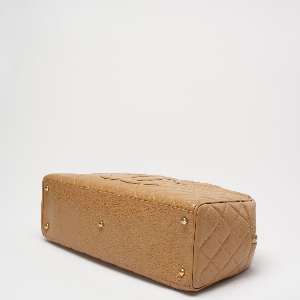 Chanel Vintage Bowler Handbag Beige Caviar Leather