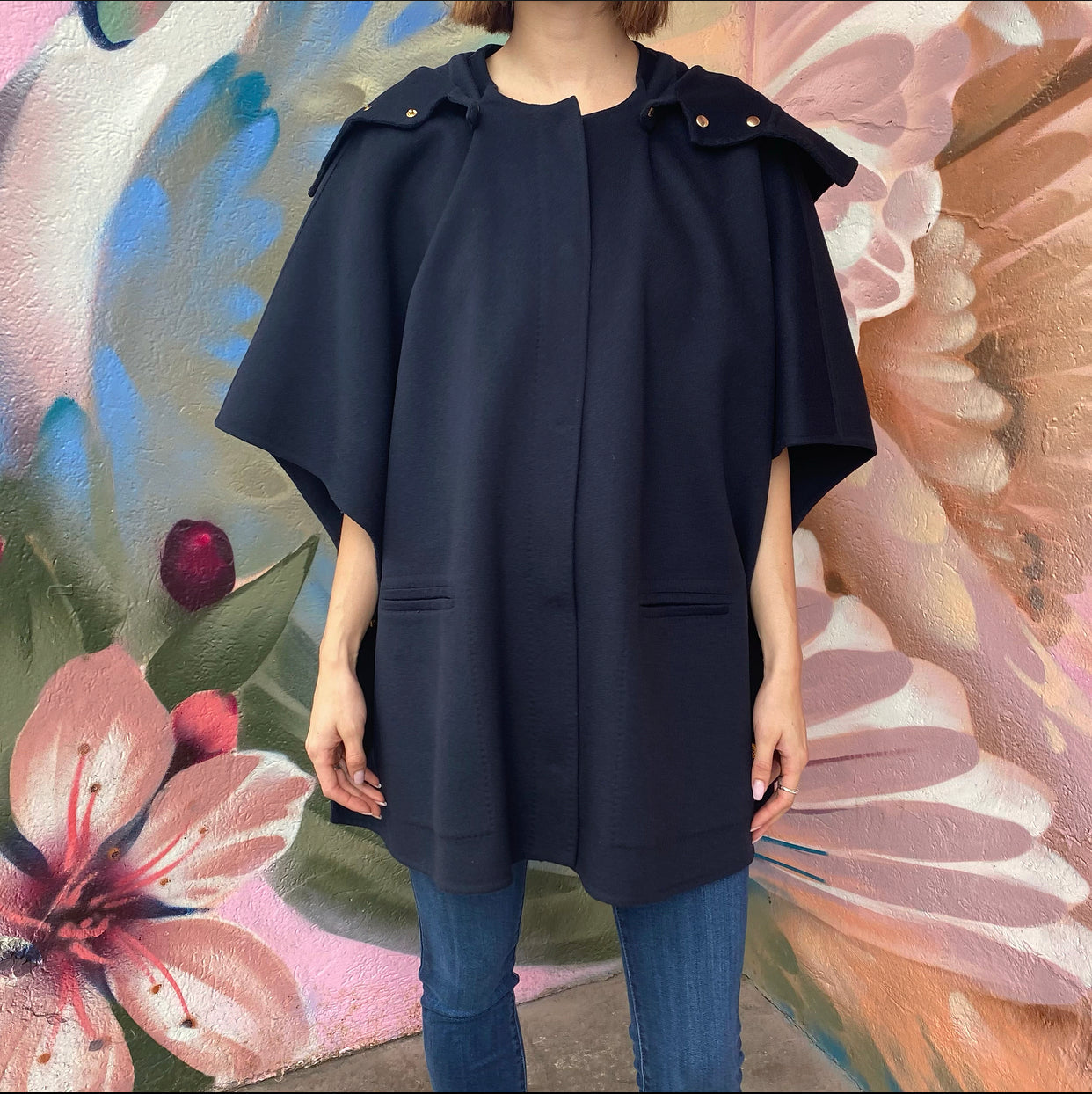 Emilio Pucci Navy Wool Hooded Cape Jacket - S / M
