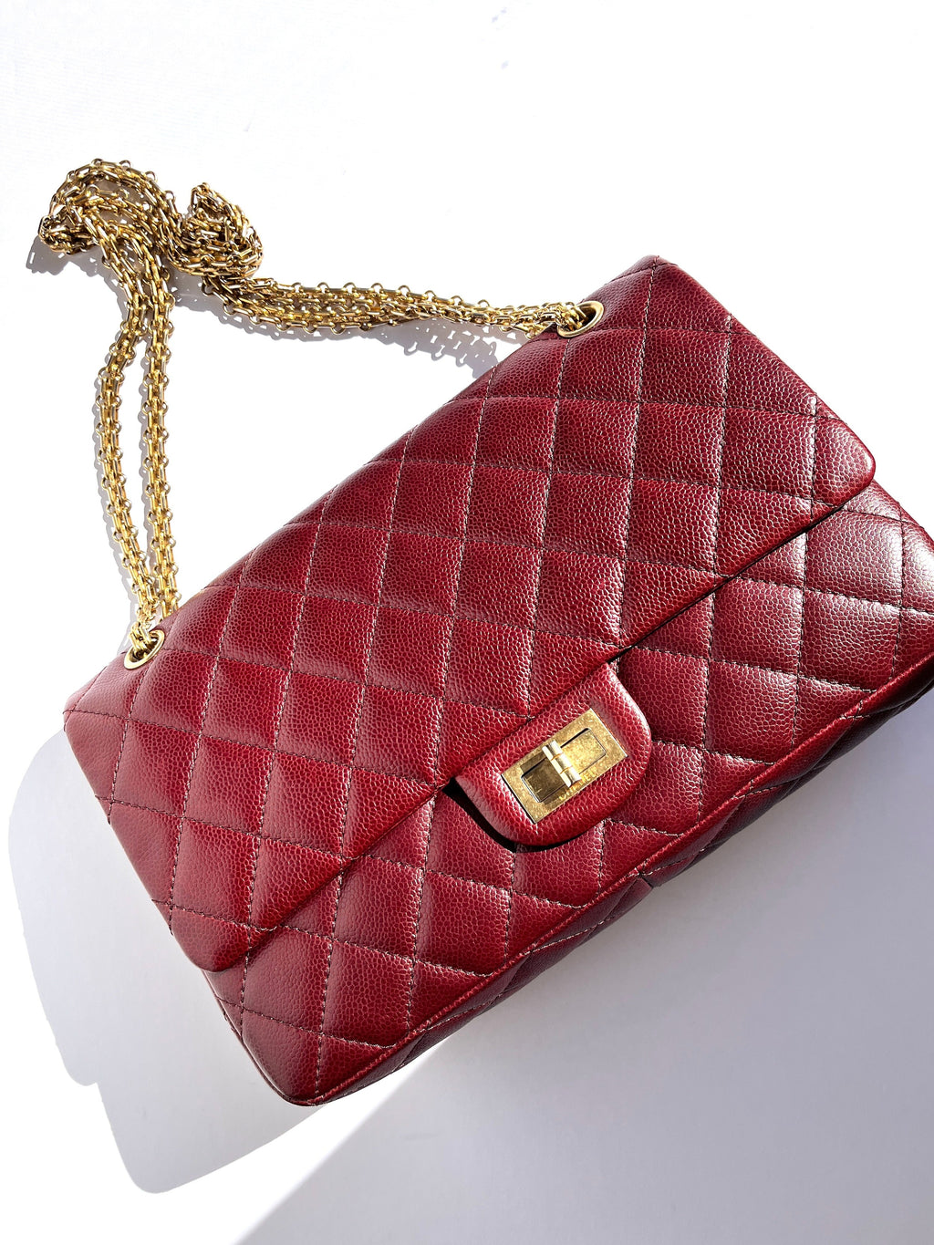 CHANEL 2.55 Burgundy Caviar 227 Classic Flap Gold Hardware Shoulder Crossbody Bag