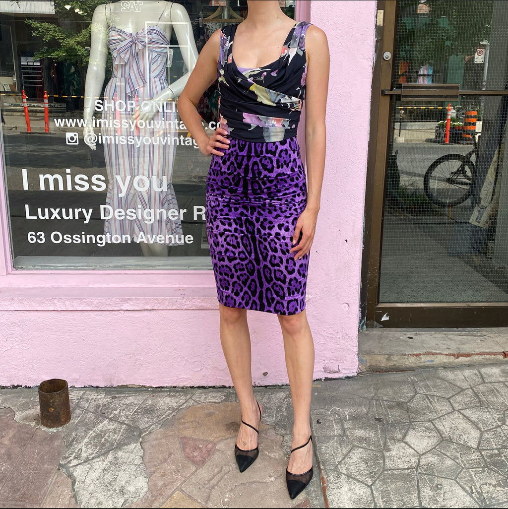 Dolce & Gabbana Purple Leopard and Floral Print Silk Dress - S / USA 4