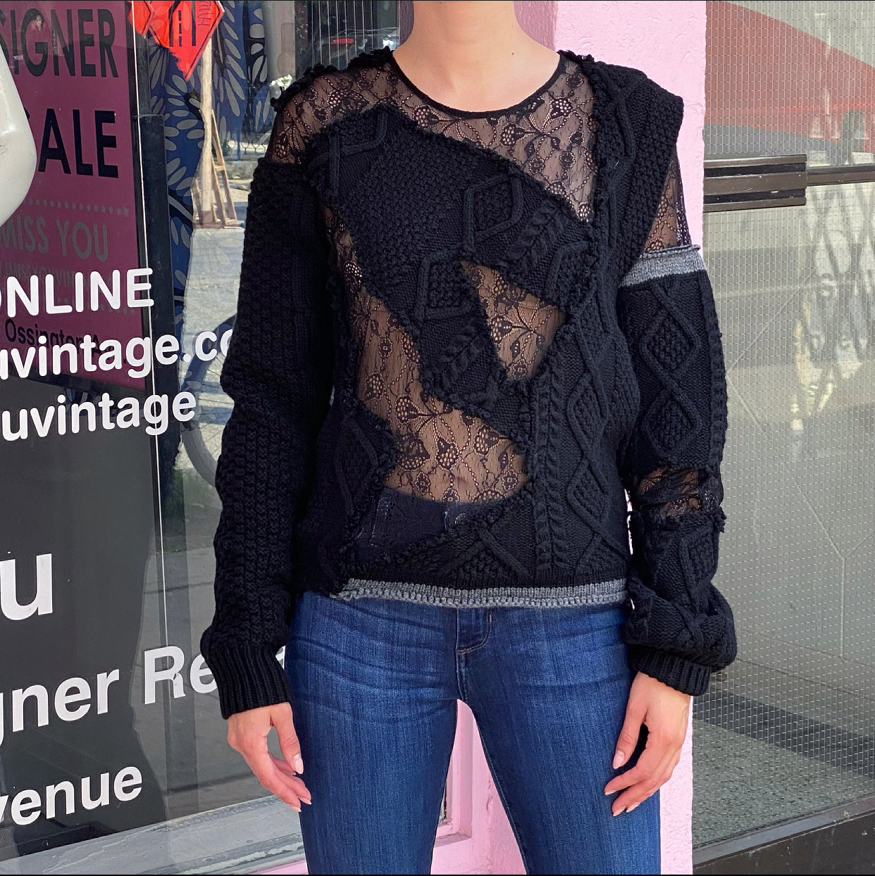 Preen by Thornton Bregazzi Black Patchwork Knit Lace Combo Sweater - XS / 4